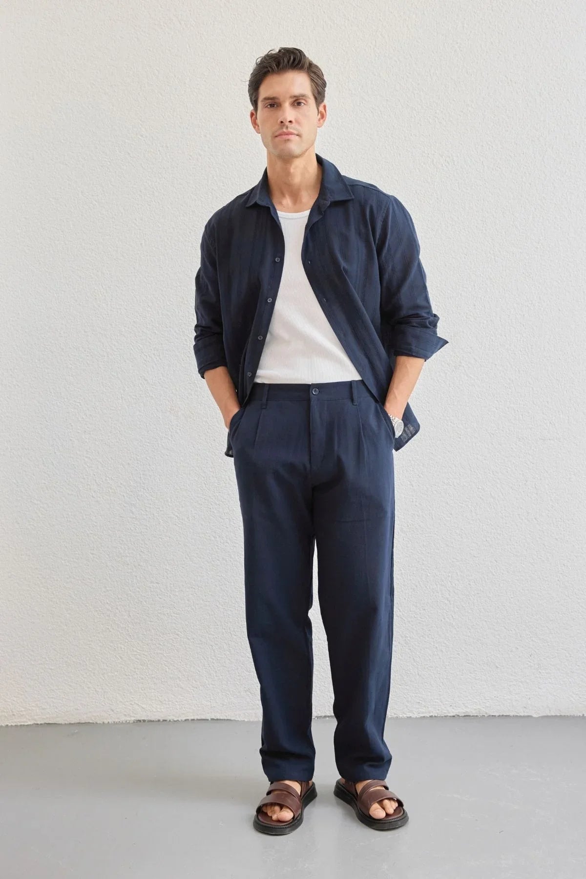 Dulan Erkek Baggy Fit Pantolon Keten Görünümlü %100 Pamuk Lastikli Bel - Livio Ferri