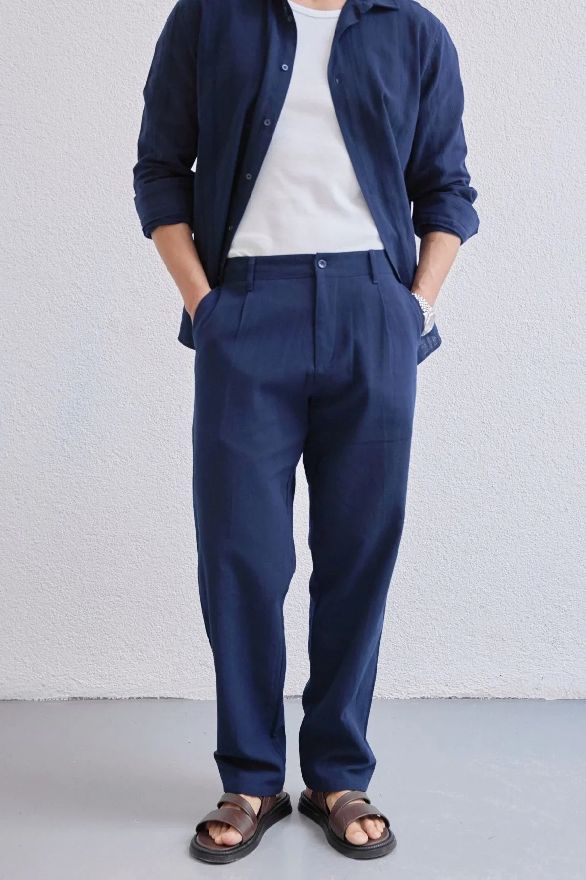 Dulan Erkek Baggy Fit Pantolon Keten Görünümlü %100 Pamuk Lastikli Bel - Livio Ferri