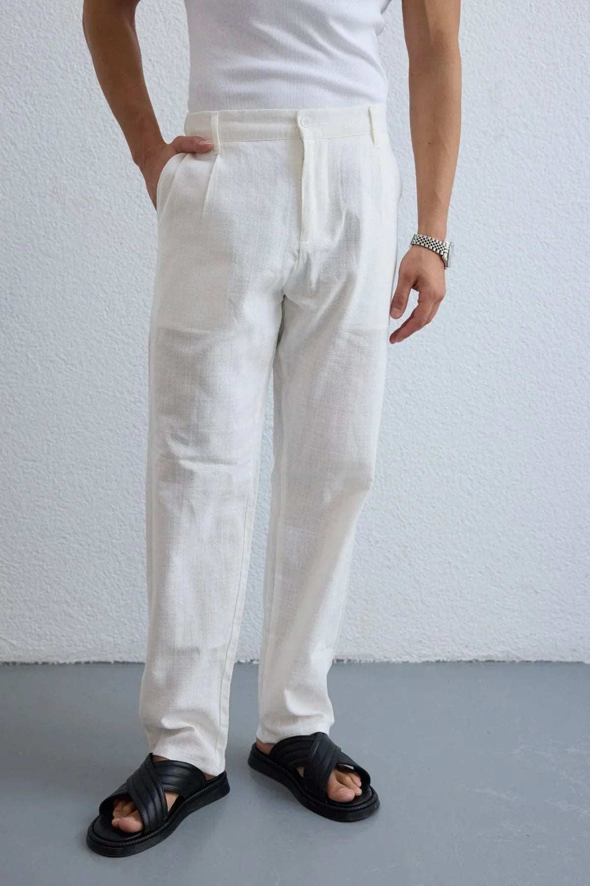 Dulan Erkek Baggy Fit Pantolon Keten Görünümlü %100 Pamuk Lastikli Bel - Livio Ferri