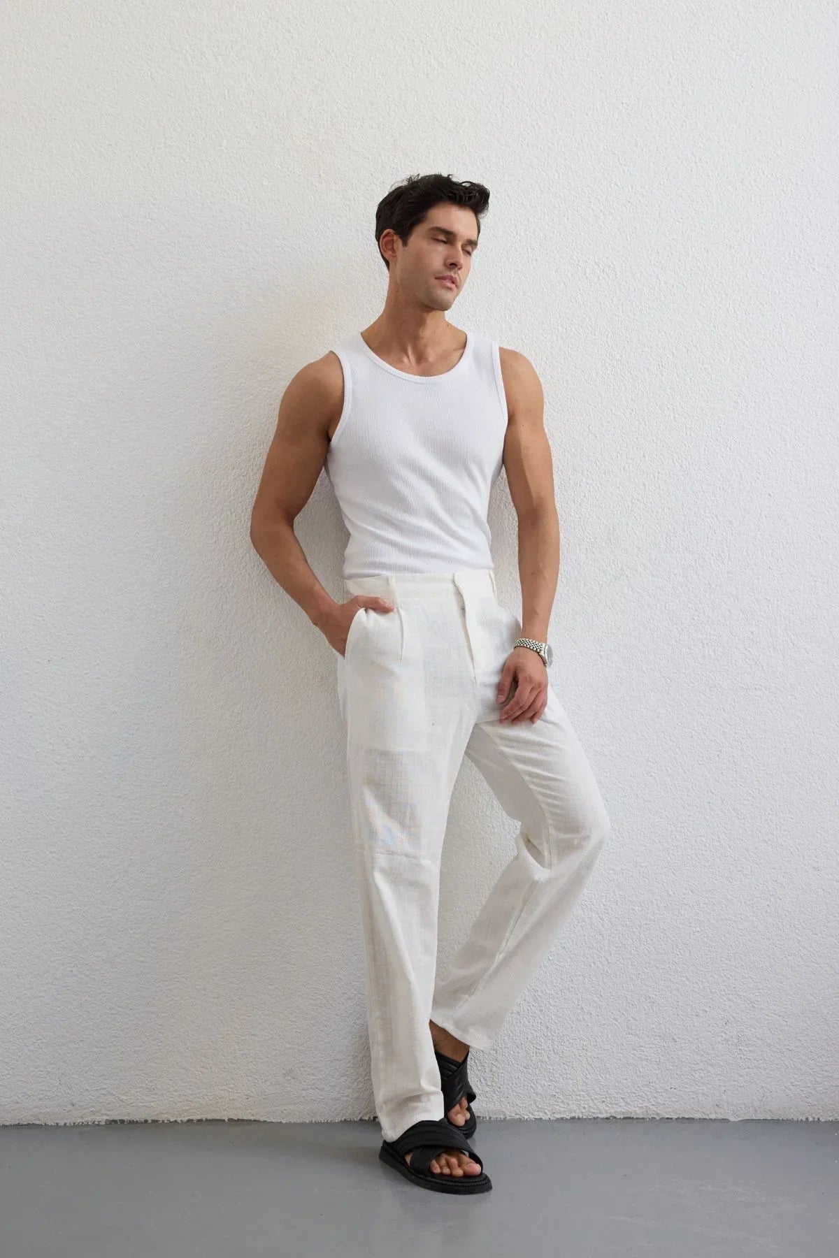 Dulan Erkek Baggy Fit Pantolon Keten Görünümlü %100 Pamuk Lastikli Bel - Livio Ferri