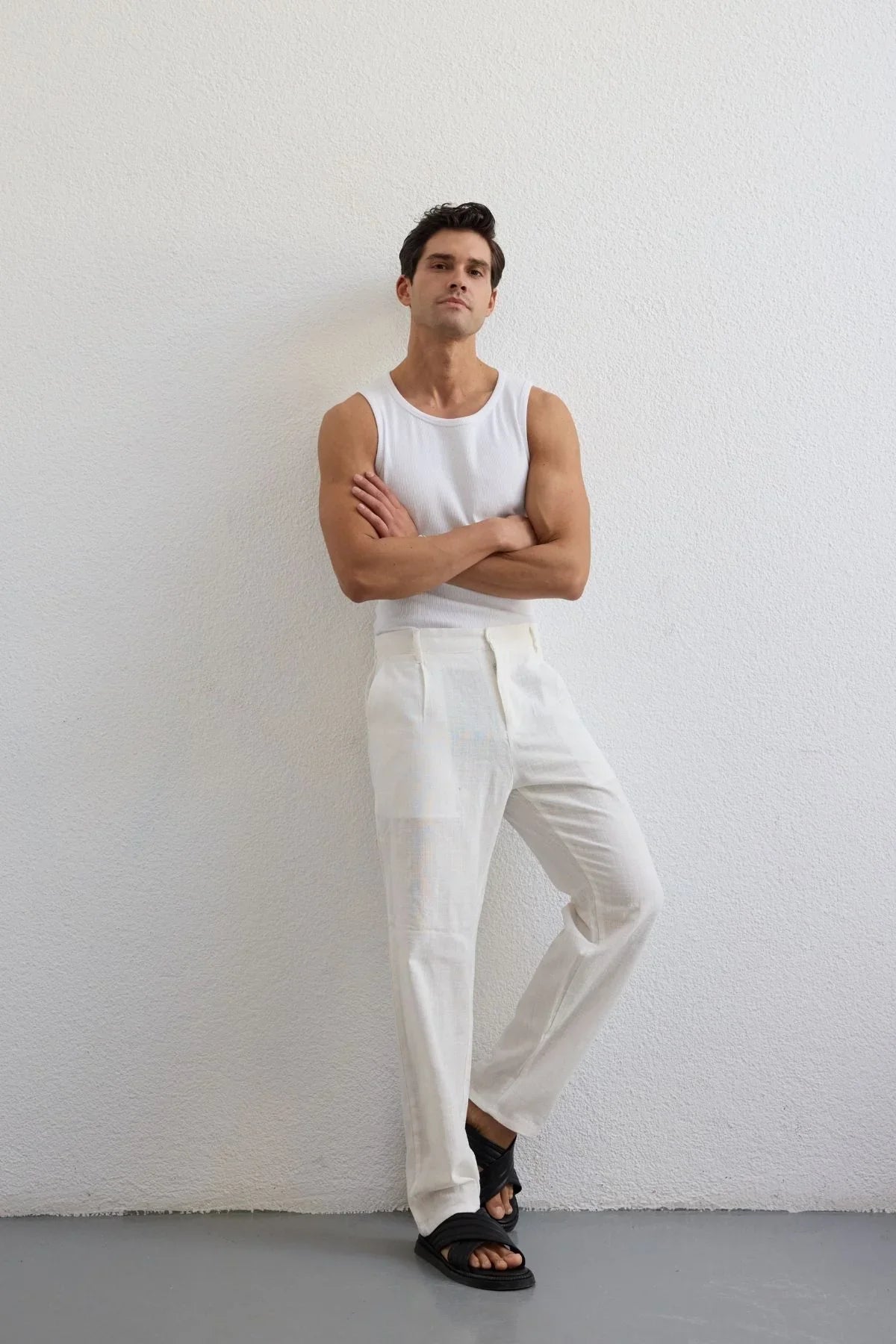 Dulan Erkek Baggy Fit Pantolon Keten Görünümlü %100 Pamuk Lastikli Bel - Livio Ferri