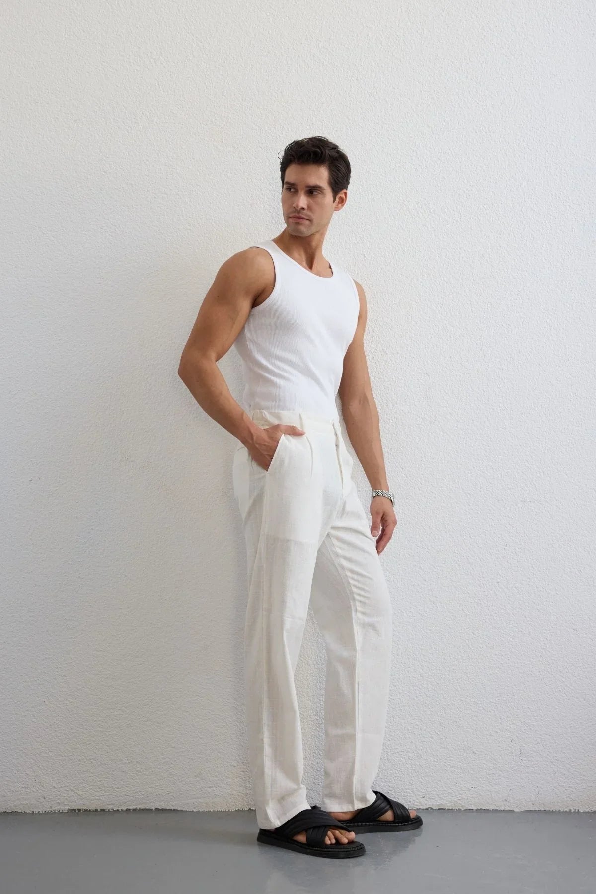 Dulan Erkek Baggy Fit Pantolon Keten Görünümlü %100 Pamuk Lastikli Bel - Livio Ferri