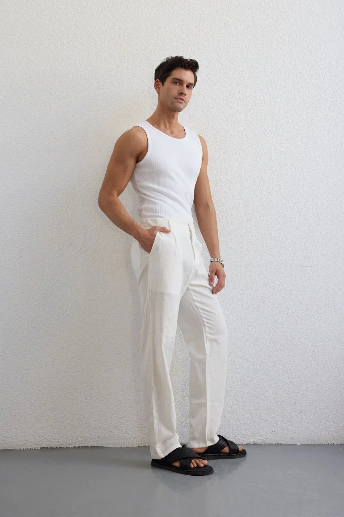 Dulan Erkek Baggy Fit Pantolon Keten Görünümlü %100 Pamuk Lastikli Bel - Livio Ferri