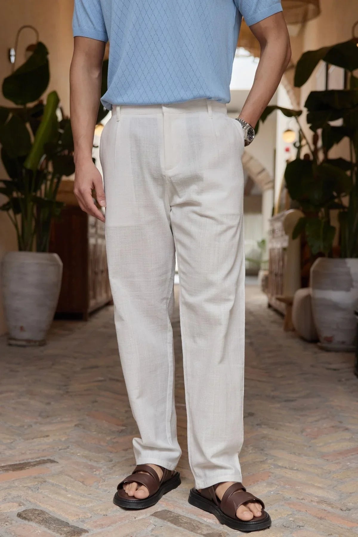 Dulan Erkek Baggy Fit Pantolon Keten Görünümlü %100 Pamuk Lastikli Bel - Livio Ferri