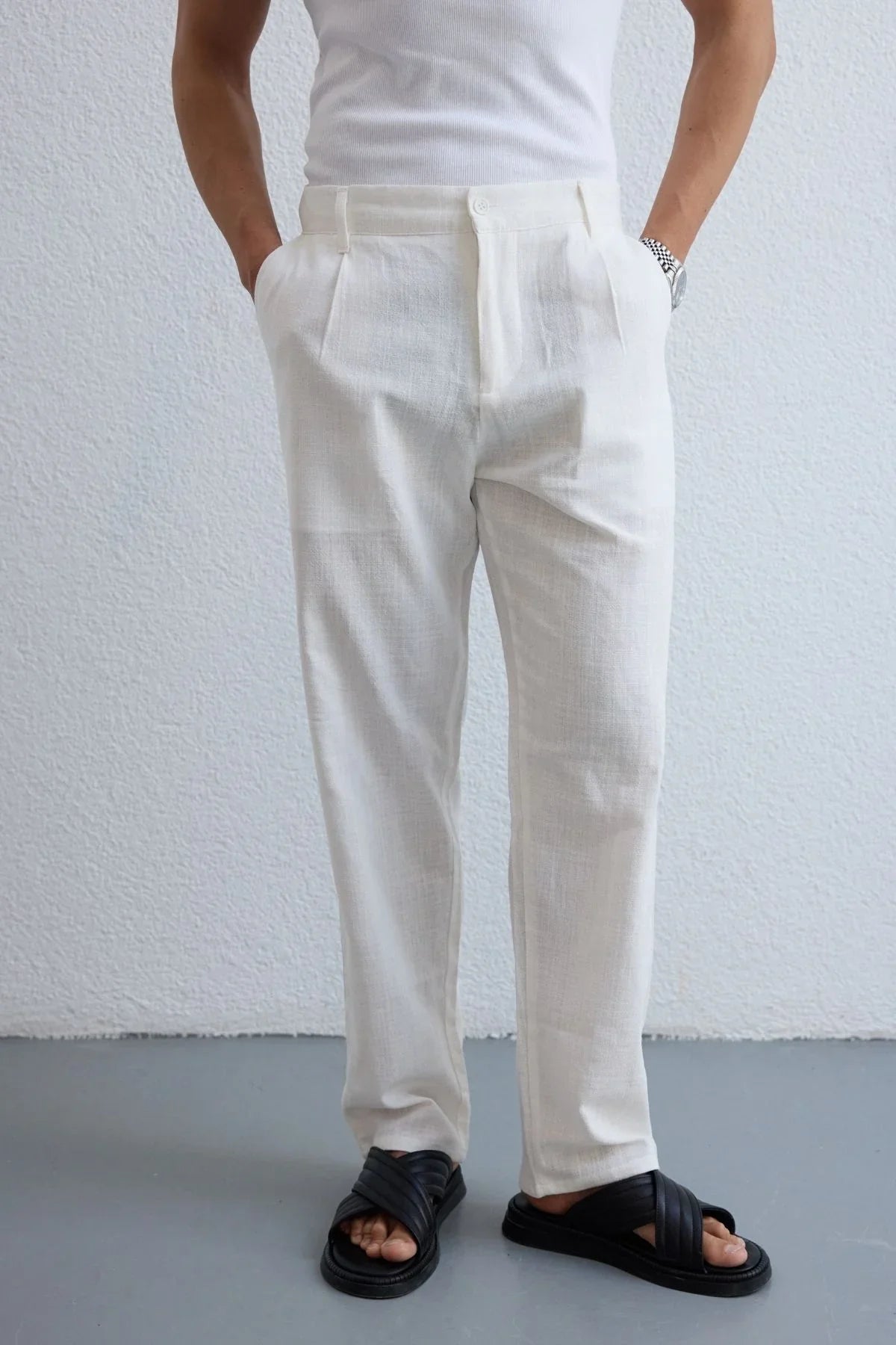 Dulan Erkek Baggy Fit Pantolon Keten Görünümlü %100 Pamuk Lastikli Bel - Livio Ferri