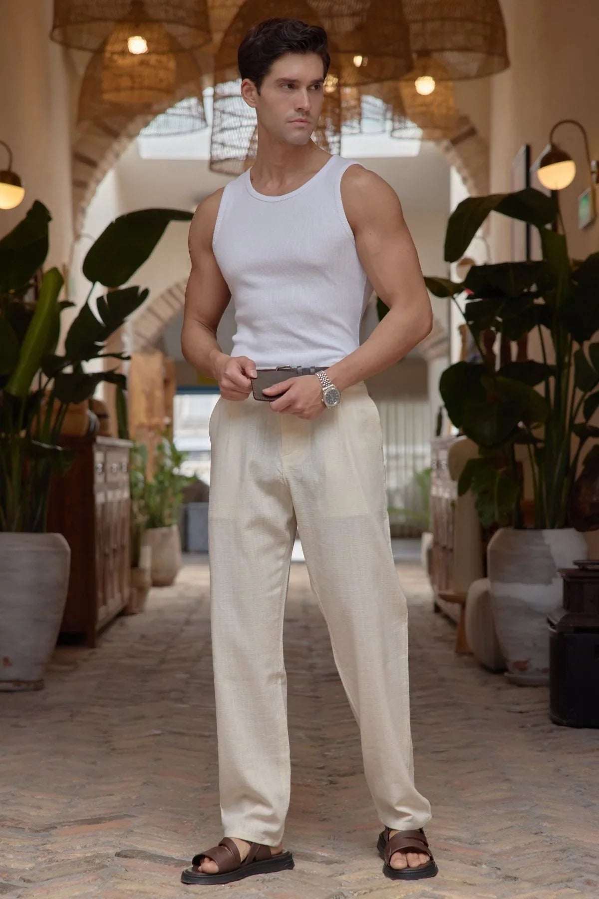 Dulan Erkek Baggy Fit Pantolon Keten Görünümlü %100 Pamuk Lastikli Bel - Livio Ferri