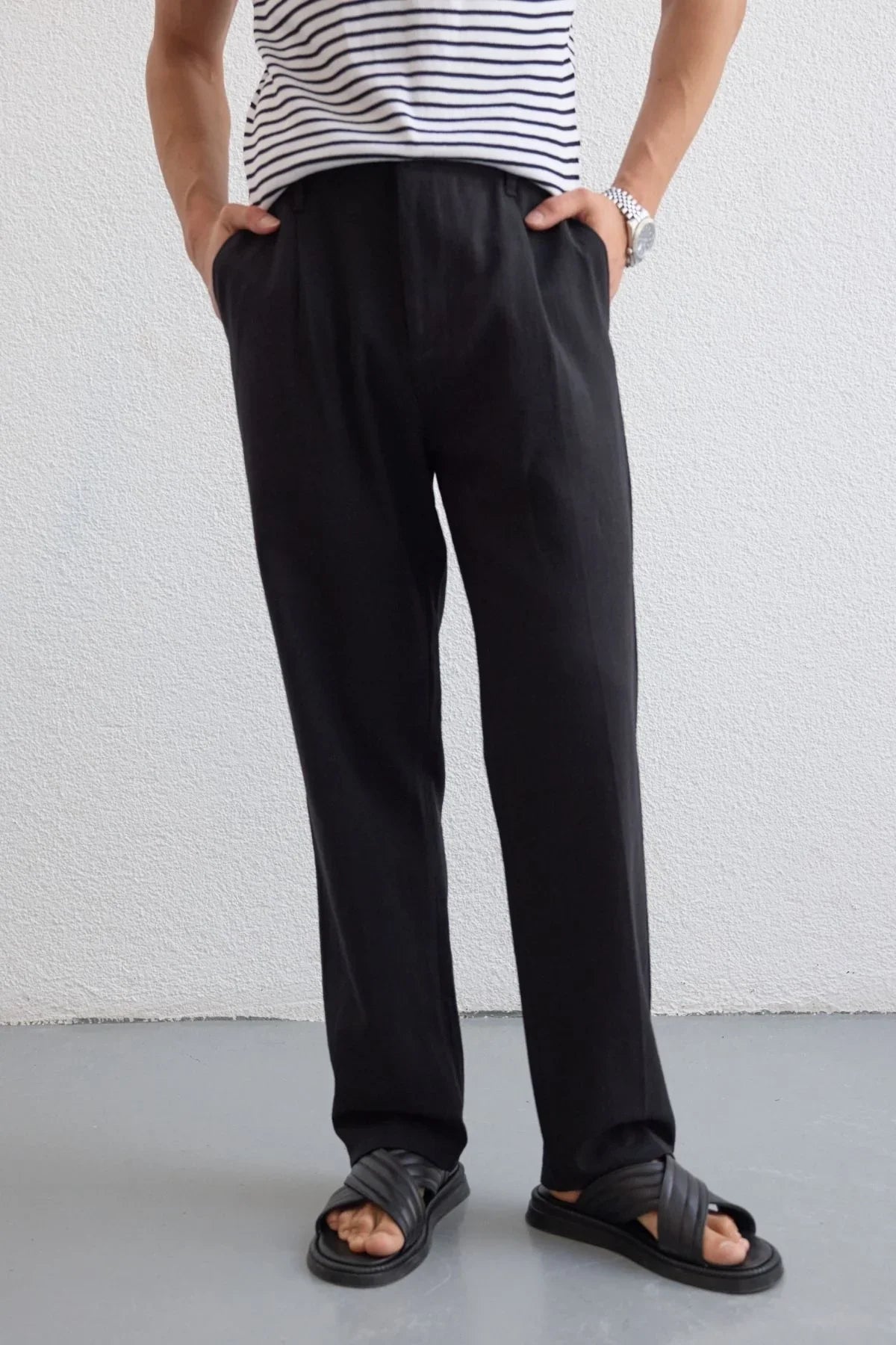 Dulan Erkek Baggy Fit Pantolon Keten Görünümlü %100 Pamuk Lastikli Bel - Livio Ferri