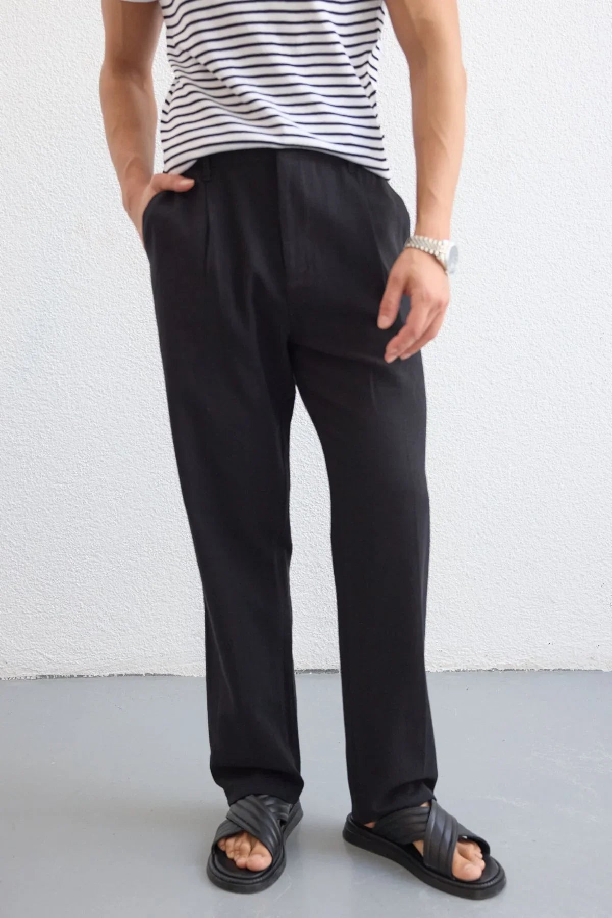 Dulan Erkek Baggy Fit Pantolon Keten Görünümlü %100 Pamuk Lastikli Bel - Livio Ferri