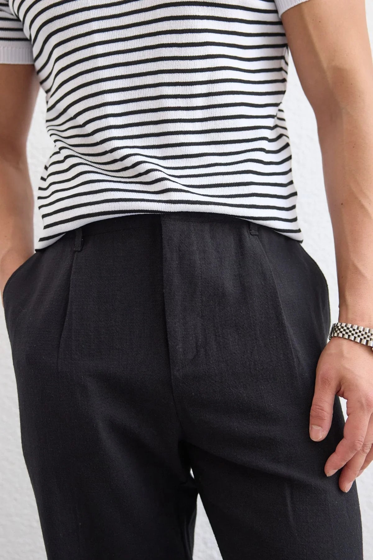 Dulan Erkek Baggy Fit Pantolon Keten Görünümlü %100 Pamuk Lastikli Bel - Livio Ferri