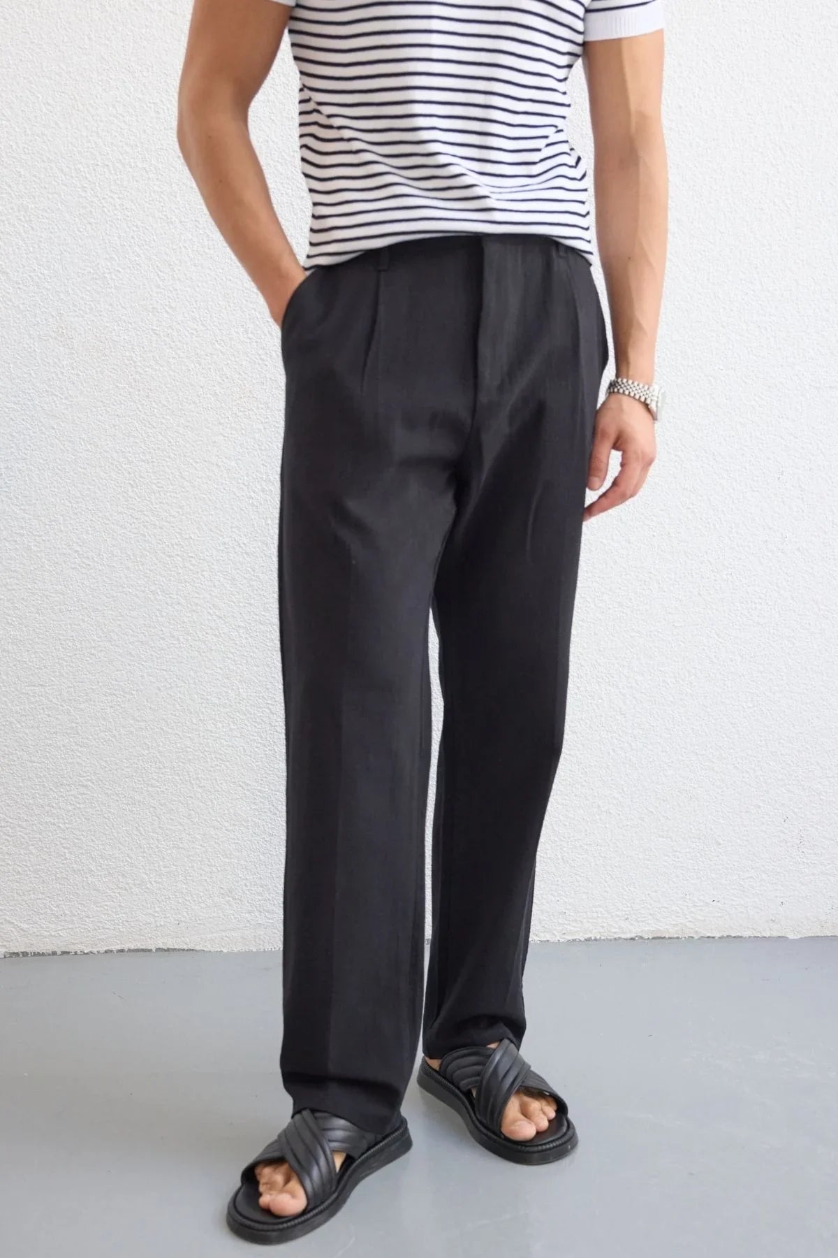 Dulan Erkek Baggy Fit Pantolon Keten Görünümlü %100 Pamuk Lastikli Bel - Livio Ferri