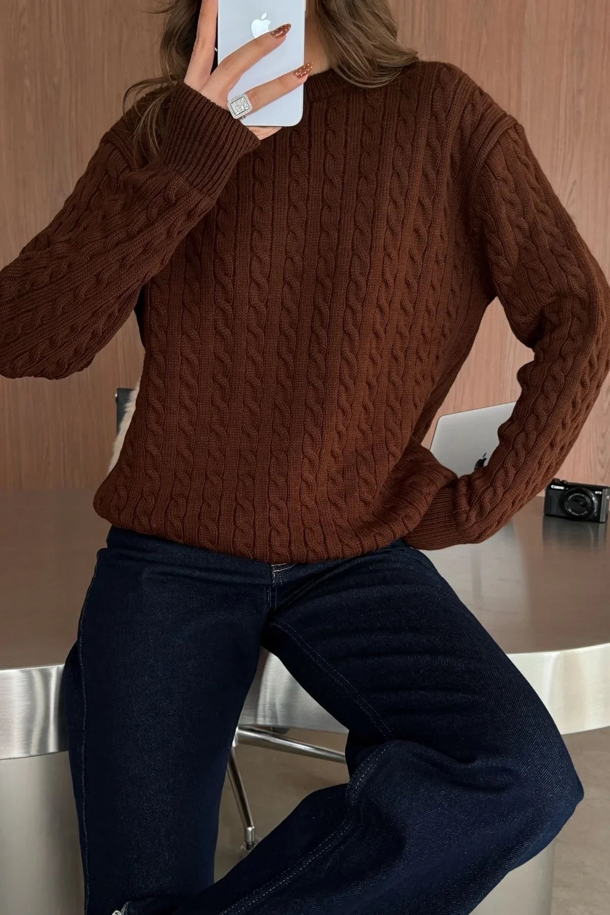 Erin Premium Saç Örgü Bisiklet Yaka Kalın Triko Kazak - Livio Ferri