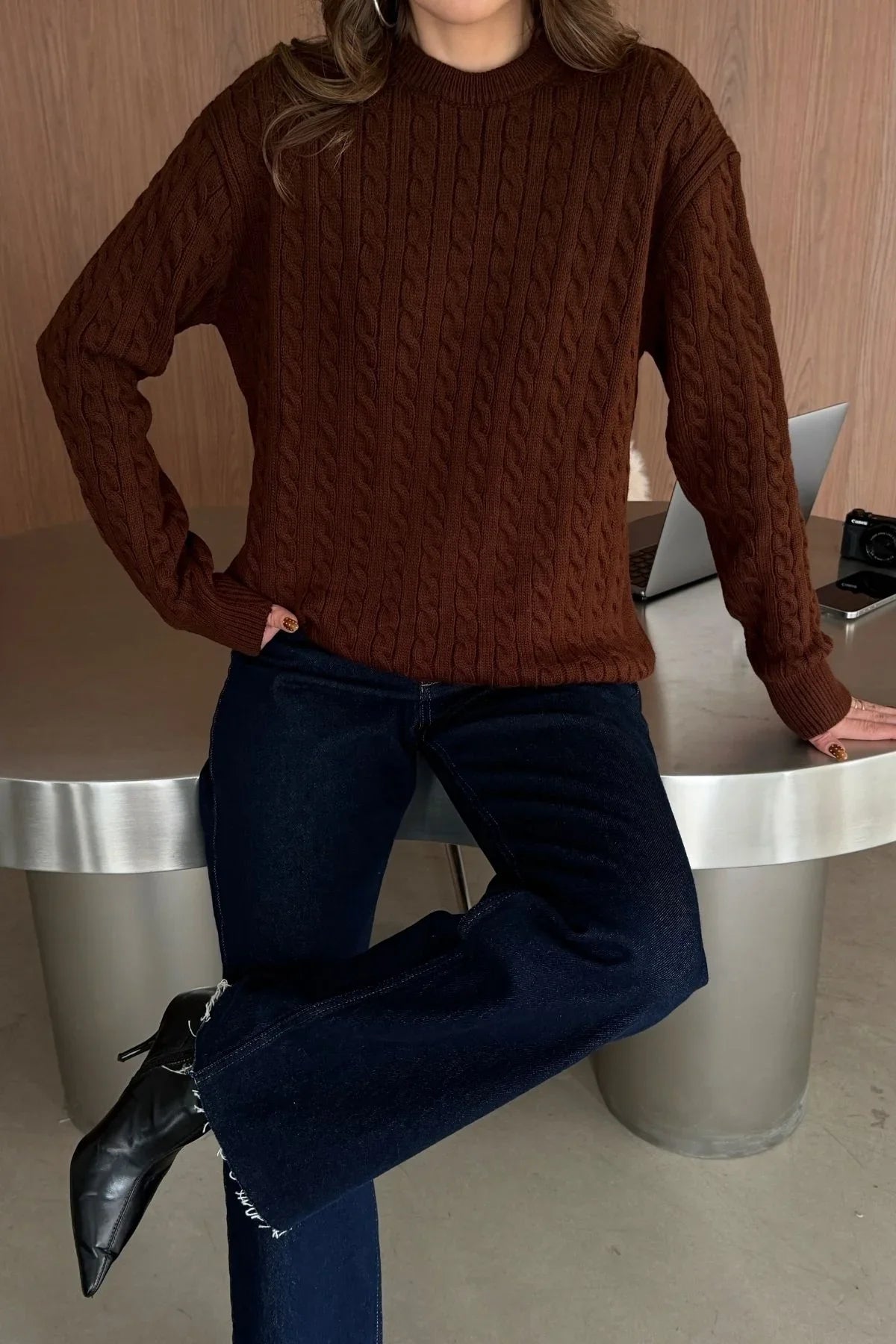 Erin Premium Saç Örgü Bisiklet Yaka Kalın Triko Kazak - Livio Ferri