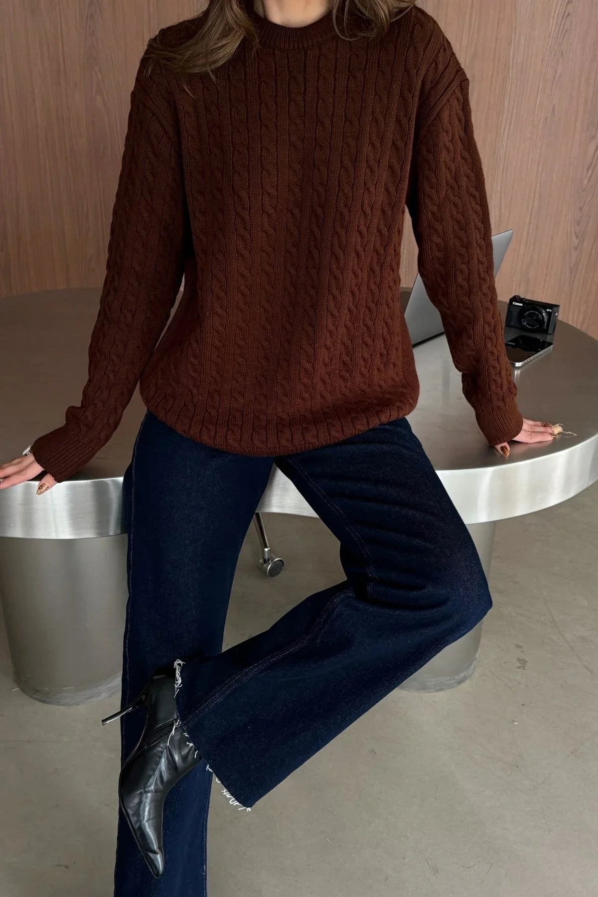 Erin Premium Saç Örgü Bisiklet Yaka Kalın Triko Kazak - Livio Ferri