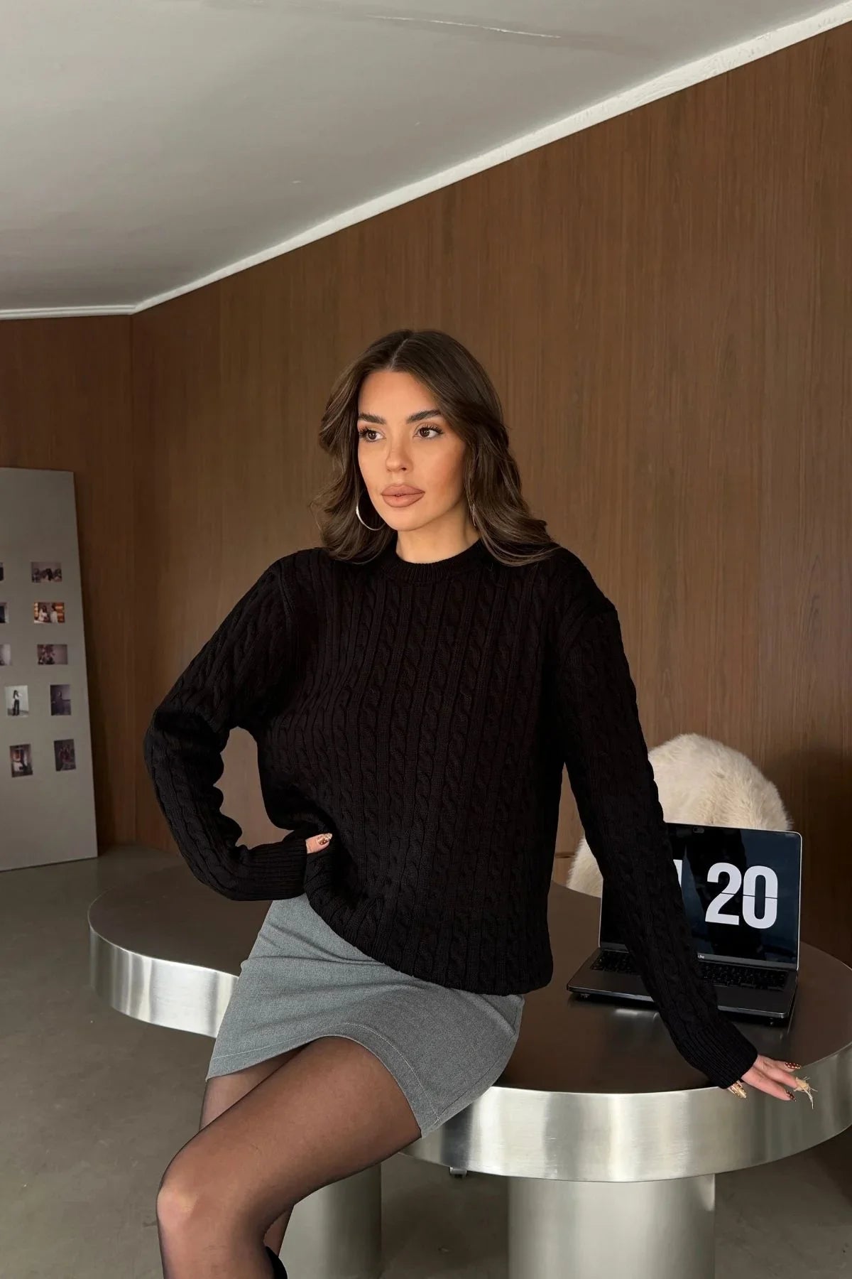 Erin Premium Saç Örgü Bisiklet Yaka Kalın Triko Kazak - Livio Ferri