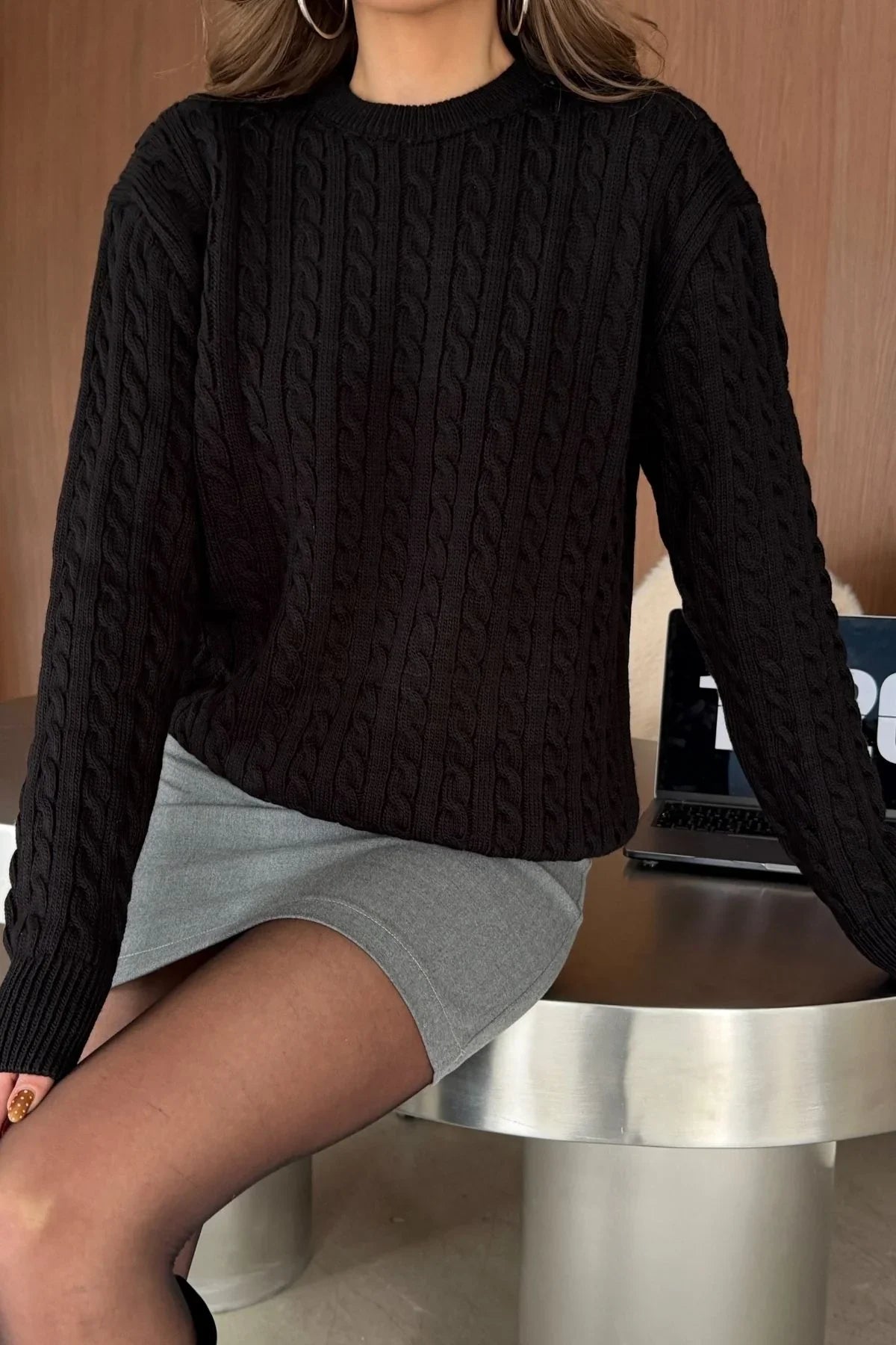 Erin Premium Saç Örgü Bisiklet Yaka Kalın Triko Kazak - Livio Ferri