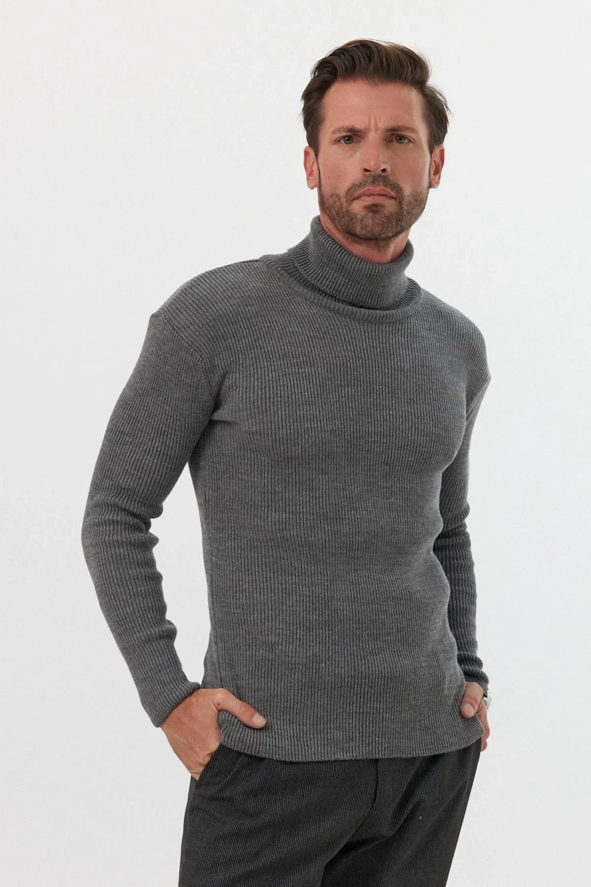 Erkek Balıkçı Yaka Slim Fit Fitilli Triko Kazak - Livio Ferri