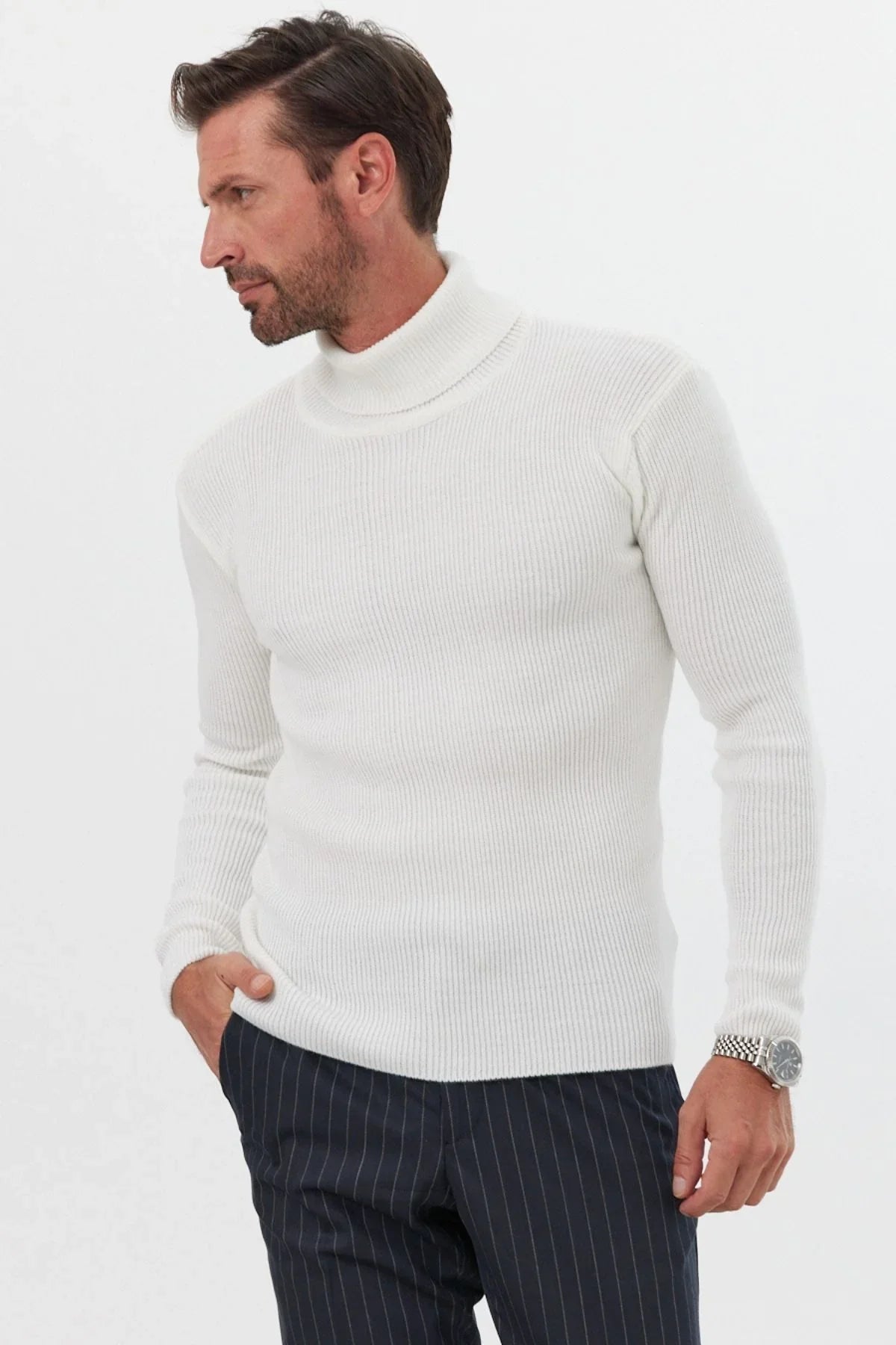 Erkek Balıkçı Yaka Slim Fit Fitilli Triko Kazak - Livio Ferri