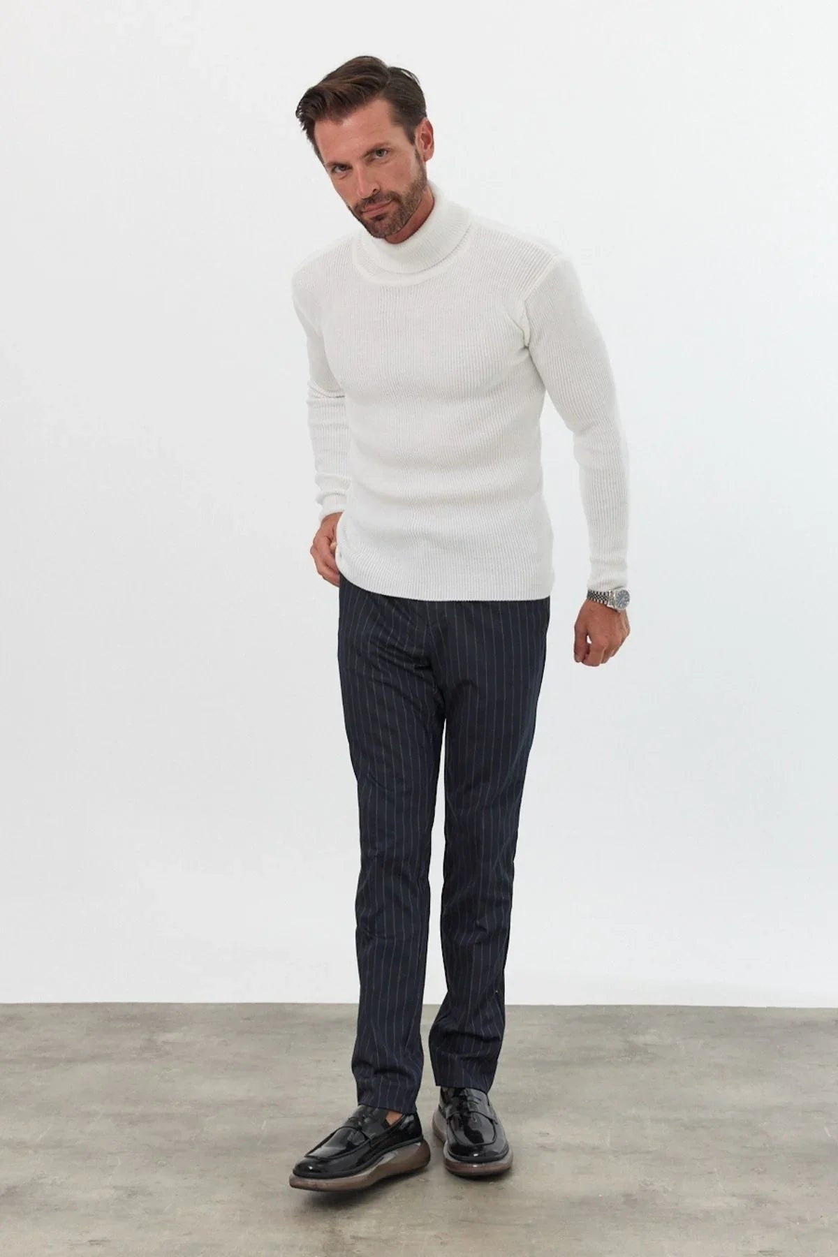 Erkek Balıkçı Yaka Slim Fit Fitilli Triko Kazak - Livio Ferri