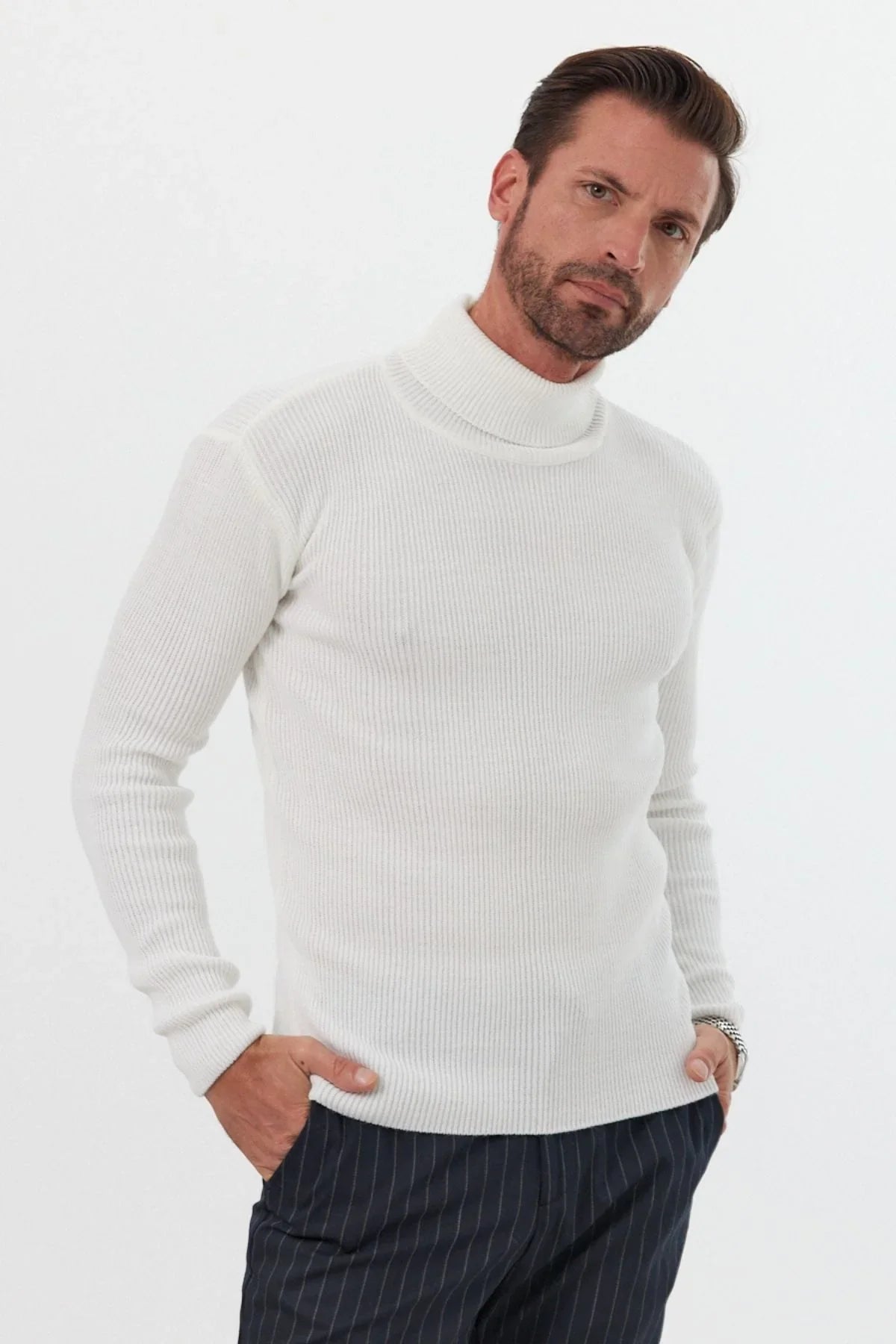 Erkek Balıkçı Yaka Slim Fit Fitilli Triko Kazak - Livio Ferri