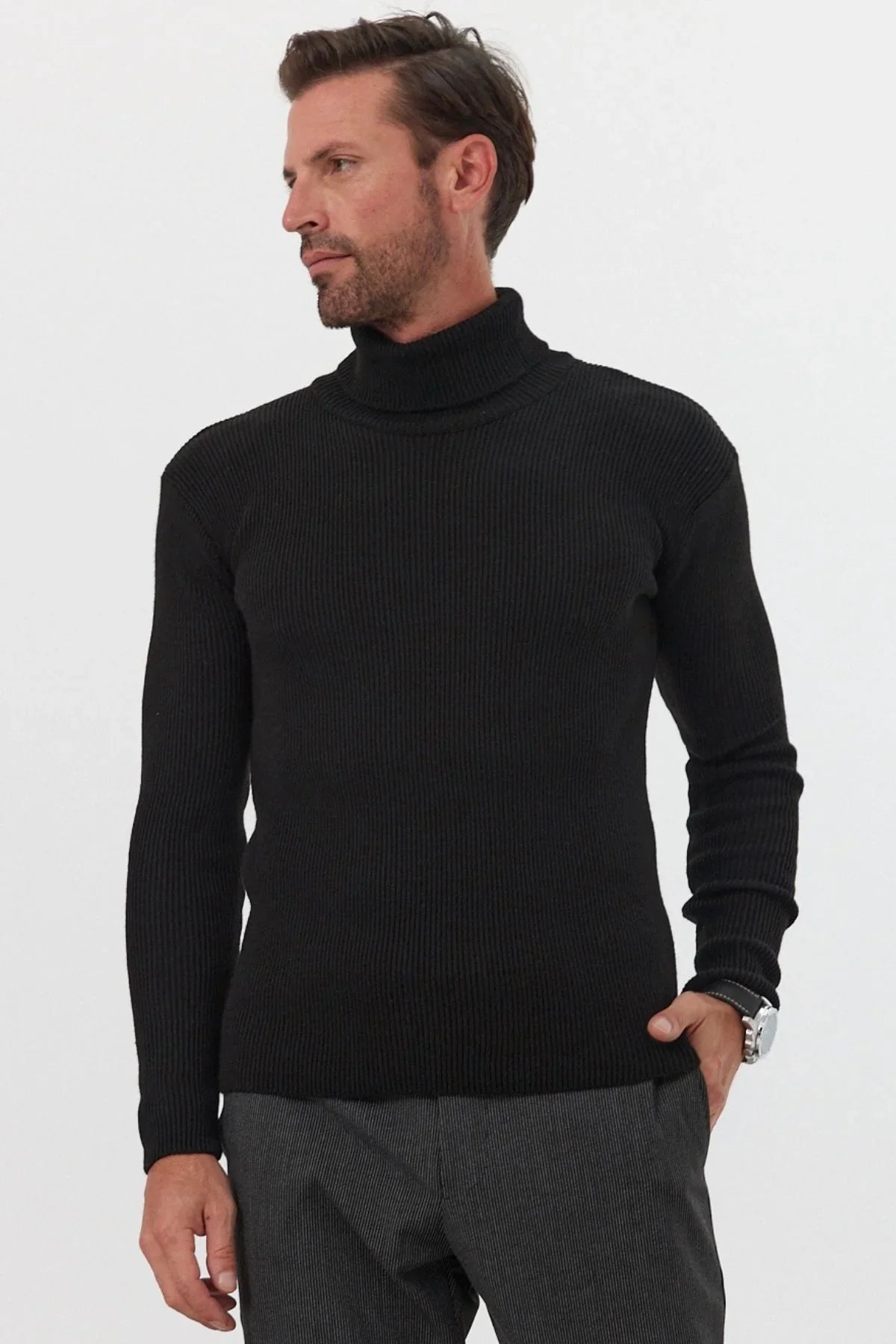 Erkek Balıkçı Yaka Slim Fit Fitilli Triko Kazak - Livio Ferri