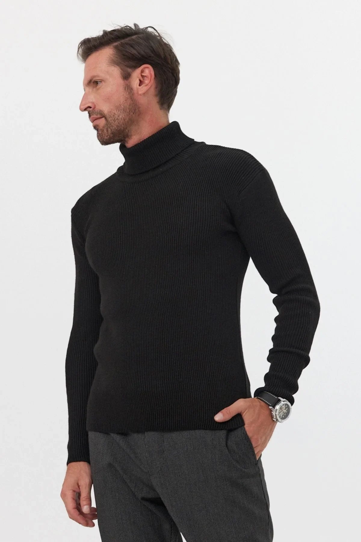 Erkek Balıkçı Yaka Slim Fit Fitilli Triko Kazak - Livio Ferri