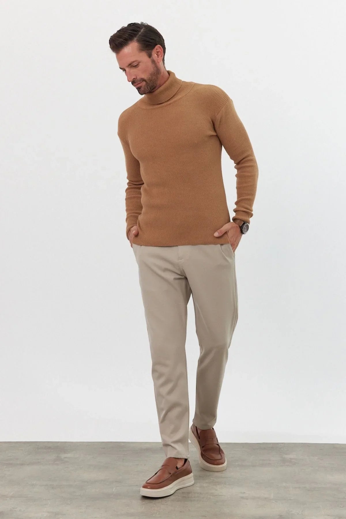 Erkek Balıkçı Yaka Slim Fit Fitilli Triko Kazak - Livio Ferri