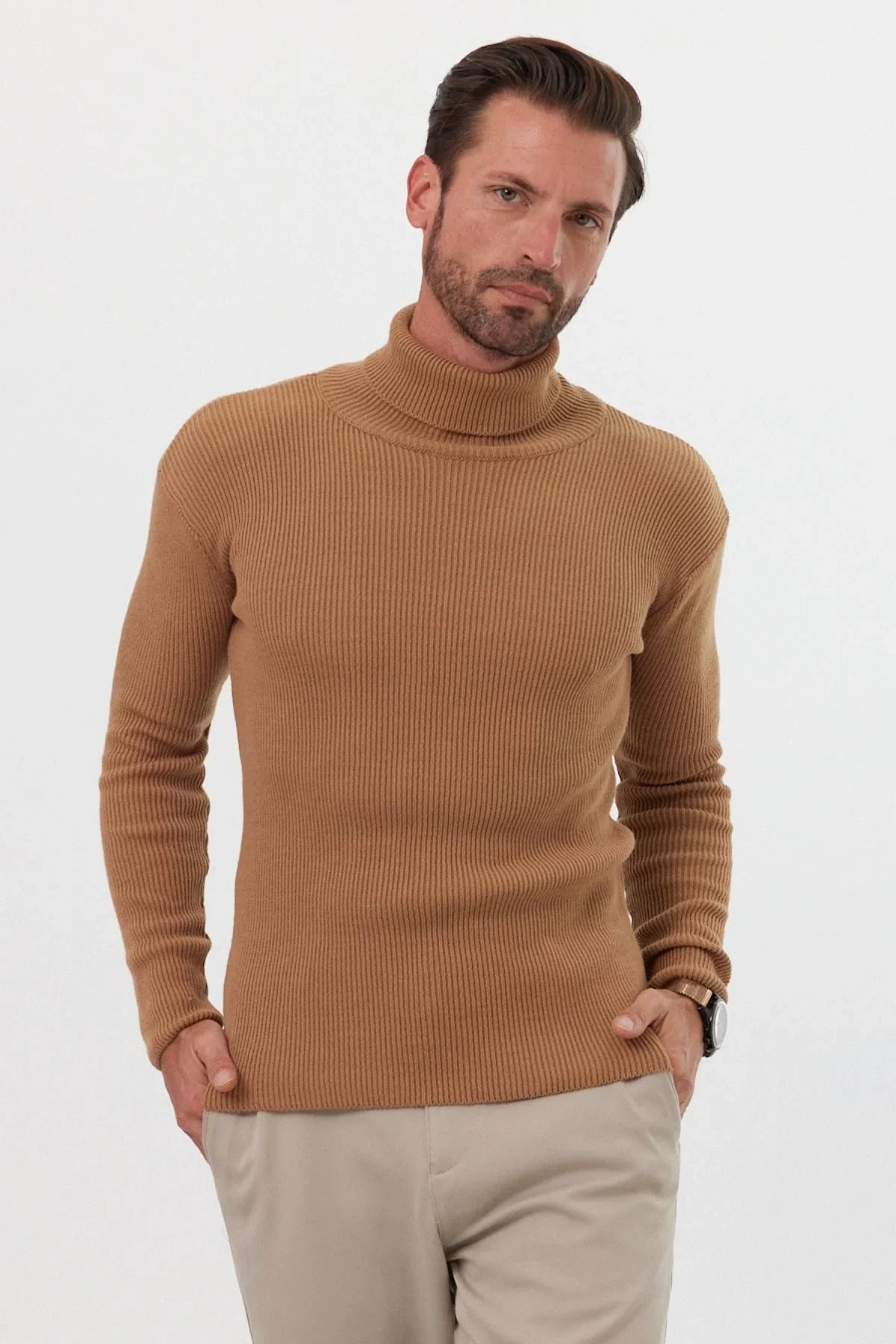 Erkek Balıkçı Yaka Slim Fit Fitilli Triko Kazak - Livio Ferri