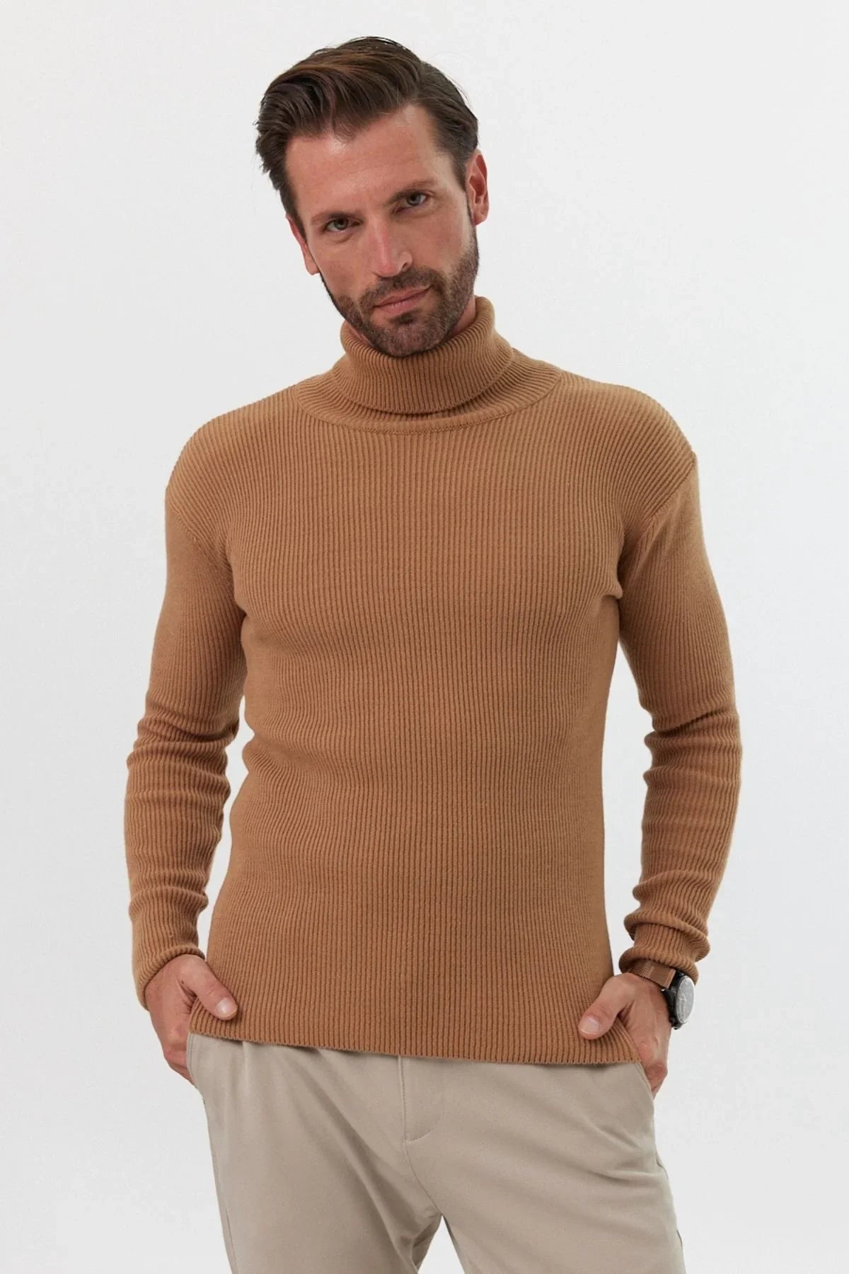 Erkek Balıkçı Yaka Slim Fit Fitilli Triko Kazak - Livio Ferri