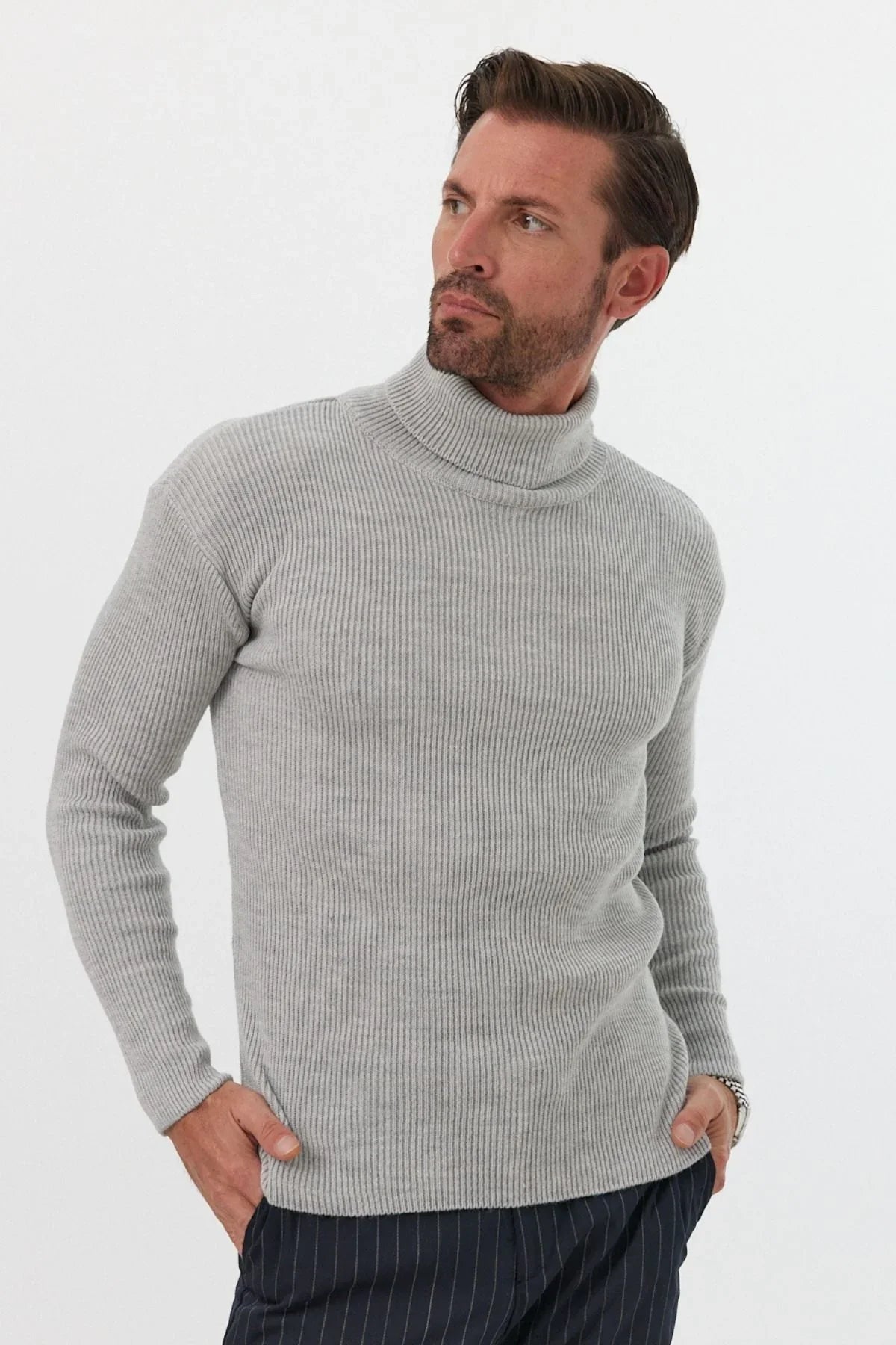 Erkek Balıkçı Yaka Slim Fit Fitilli Triko Kazak - Livio Ferri