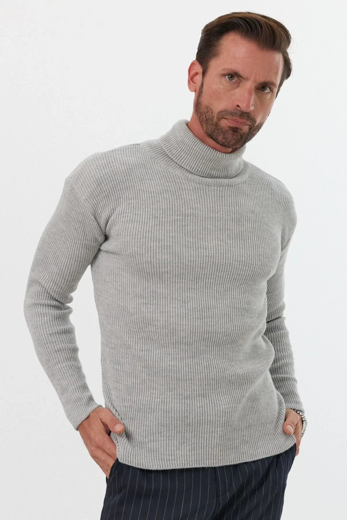 Erkek Balıkçı Yaka Slim Fit Fitilli Triko Kazak - Livio Ferri