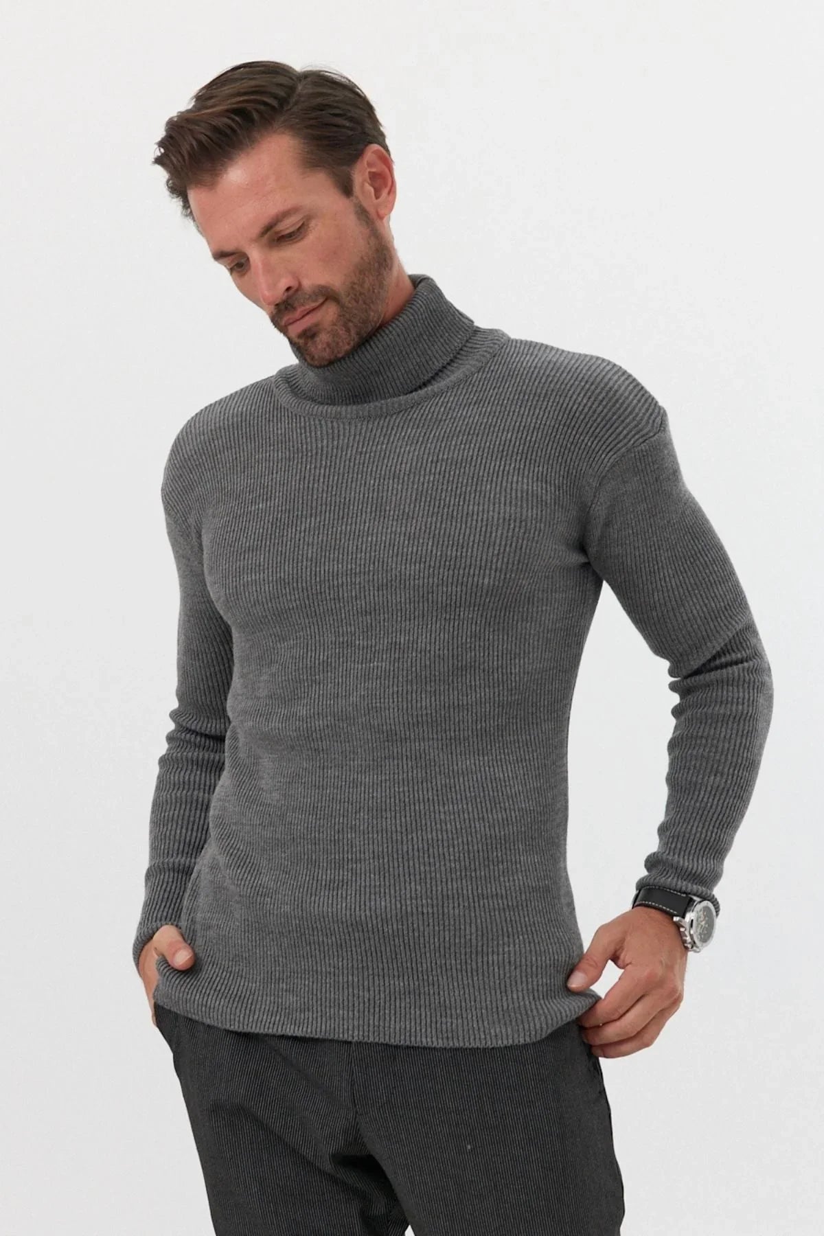 Erkek Balıkçı Yaka Slim Fit Fitilli Triko Kazak - Livio Ferri