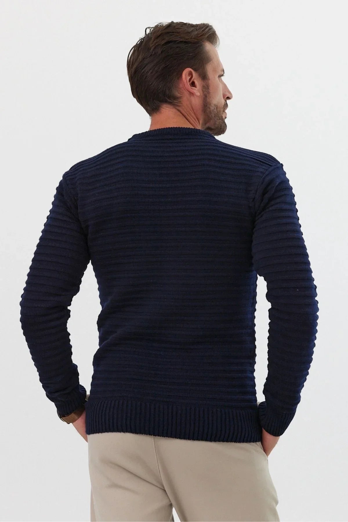 Erkek Bisiklet Yaka Slim Fit Kendinden Çizgili Desenli Triko Kazak - Livio Ferri