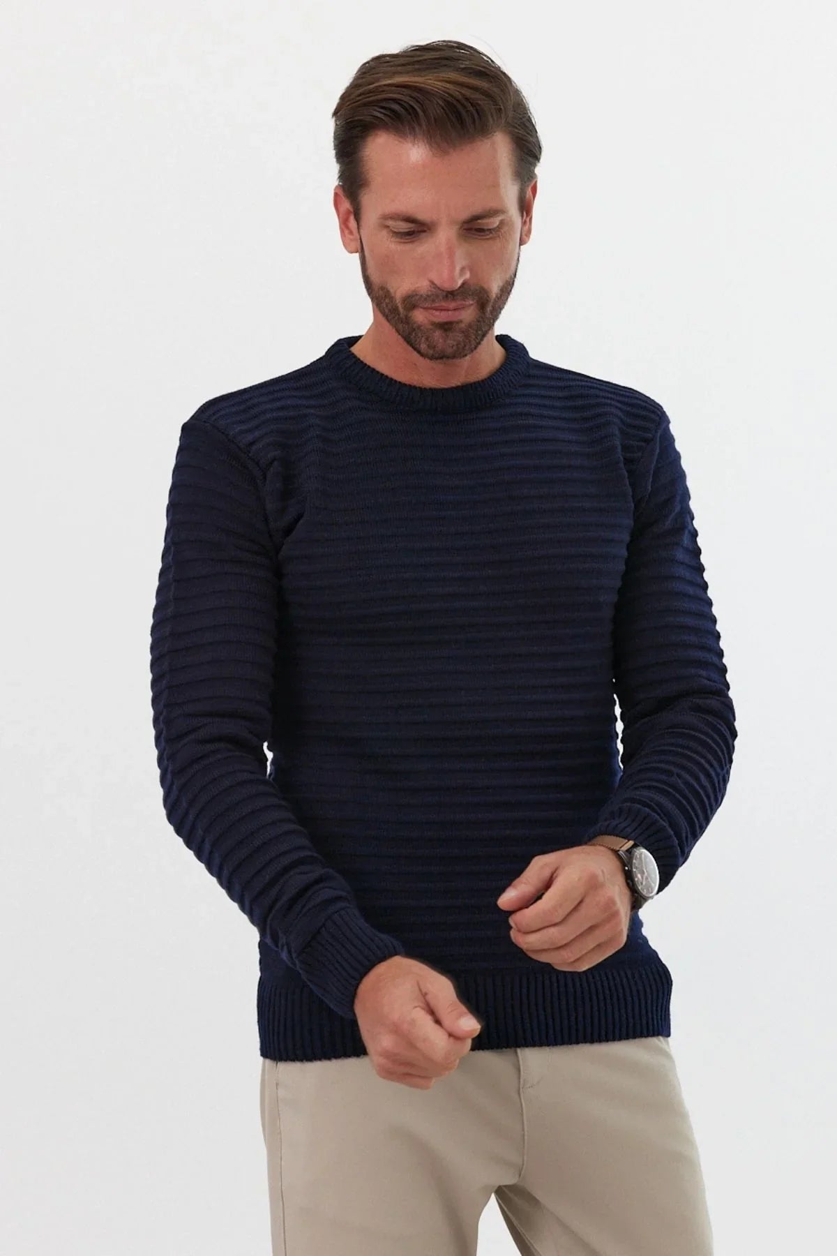 Erkek Bisiklet Yaka Slim Fit Kendinden Çizgili Desenli Triko Kazak - Livio Ferri