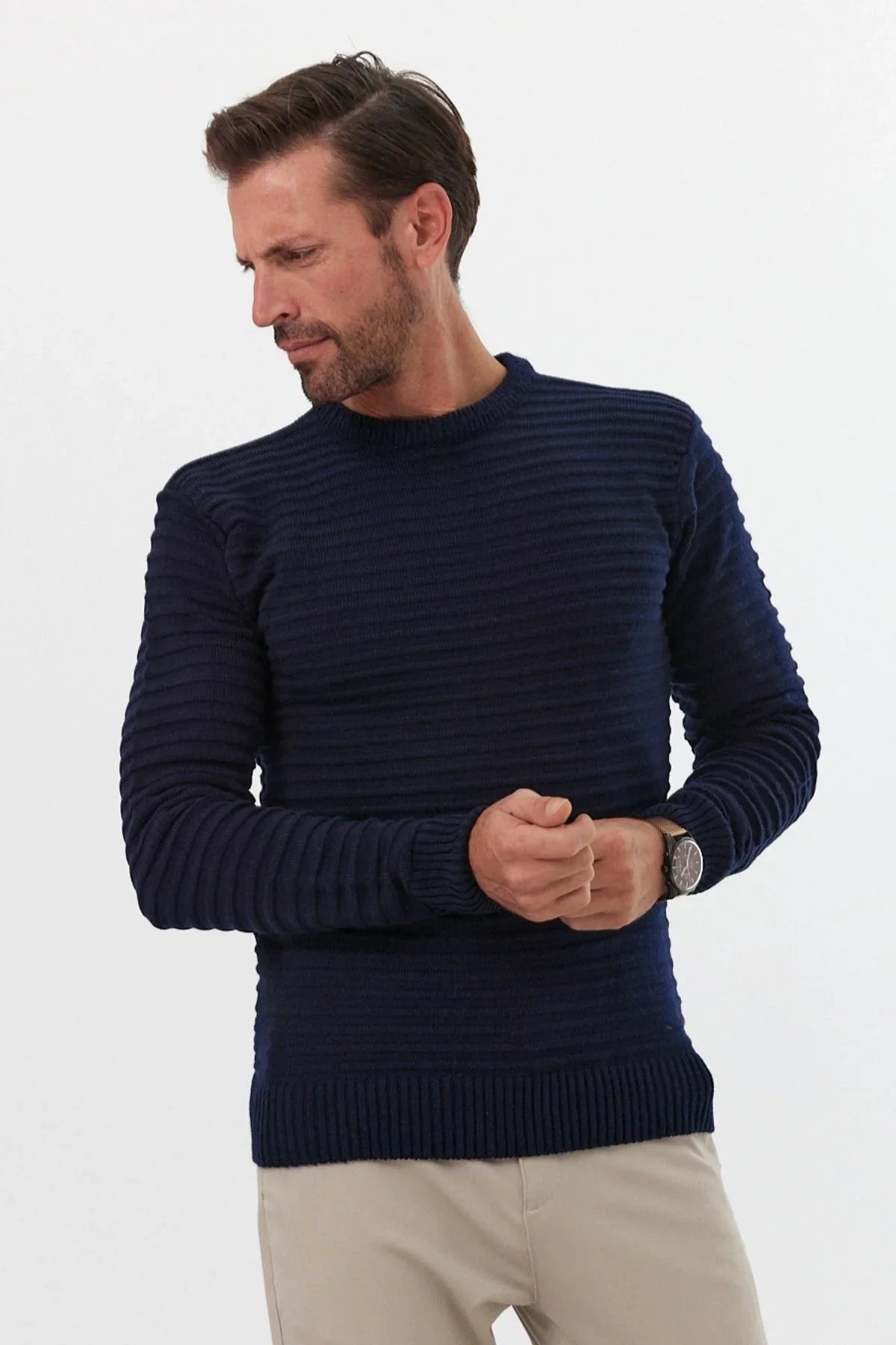 Erkek Bisiklet Yaka Slim Fit Kendinden Çizgili Desenli Triko Kazak - Livio Ferri