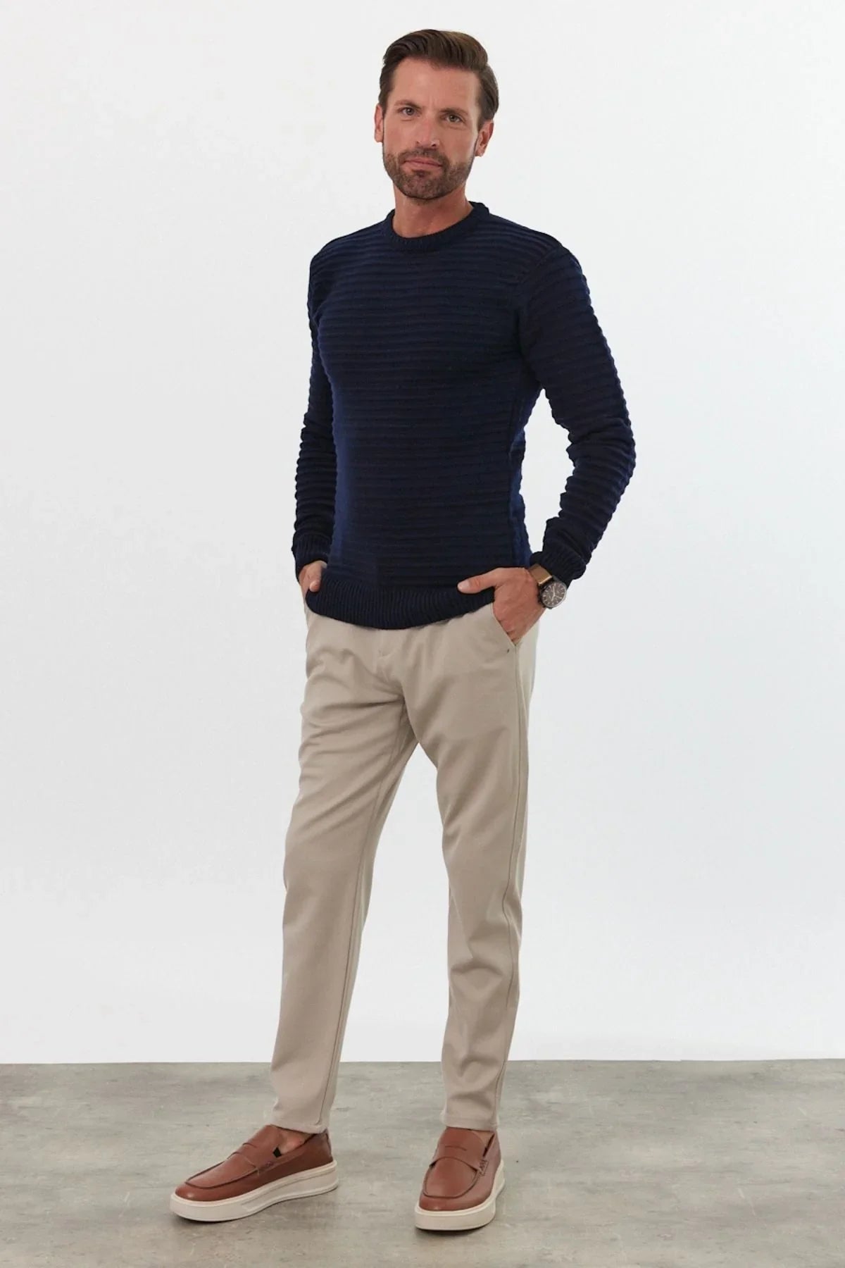 Erkek Bisiklet Yaka Slim Fit Kendinden Çizgili Desenli Triko Kazak - Livio Ferri