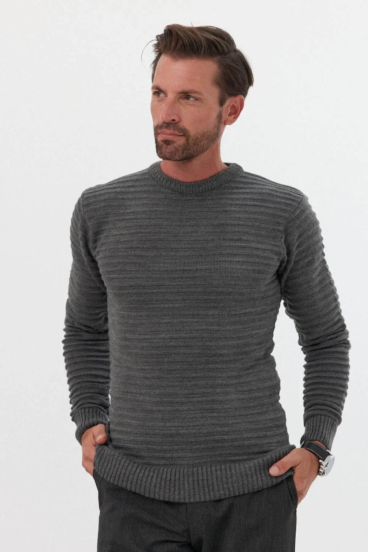 Erkek Bisiklet Yaka Slim Fit Kendinden Çizgili Desenli Triko Kazak - Livio Ferri