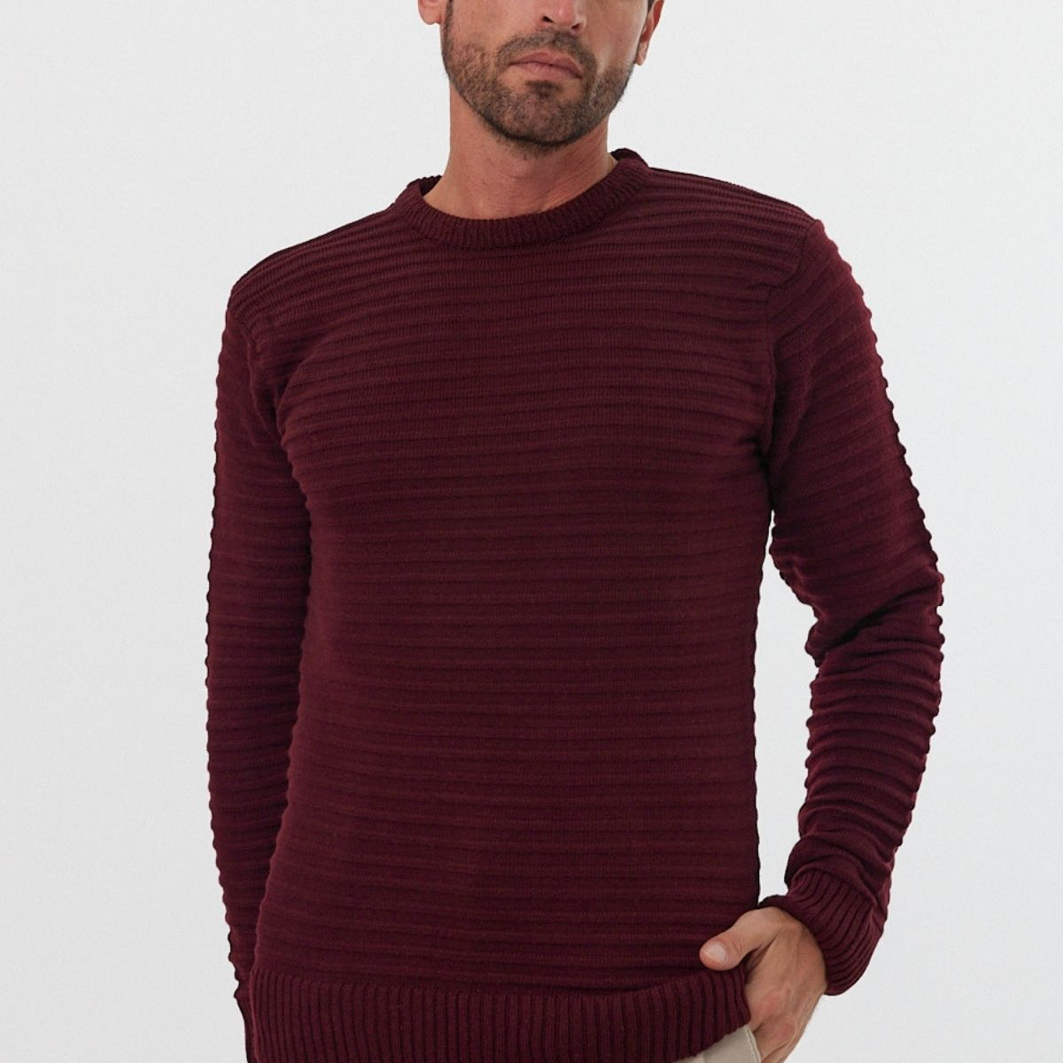 Erkek Bisiklet Yaka Slim Fit Kendinden Çizgili Desenli Triko Kazak