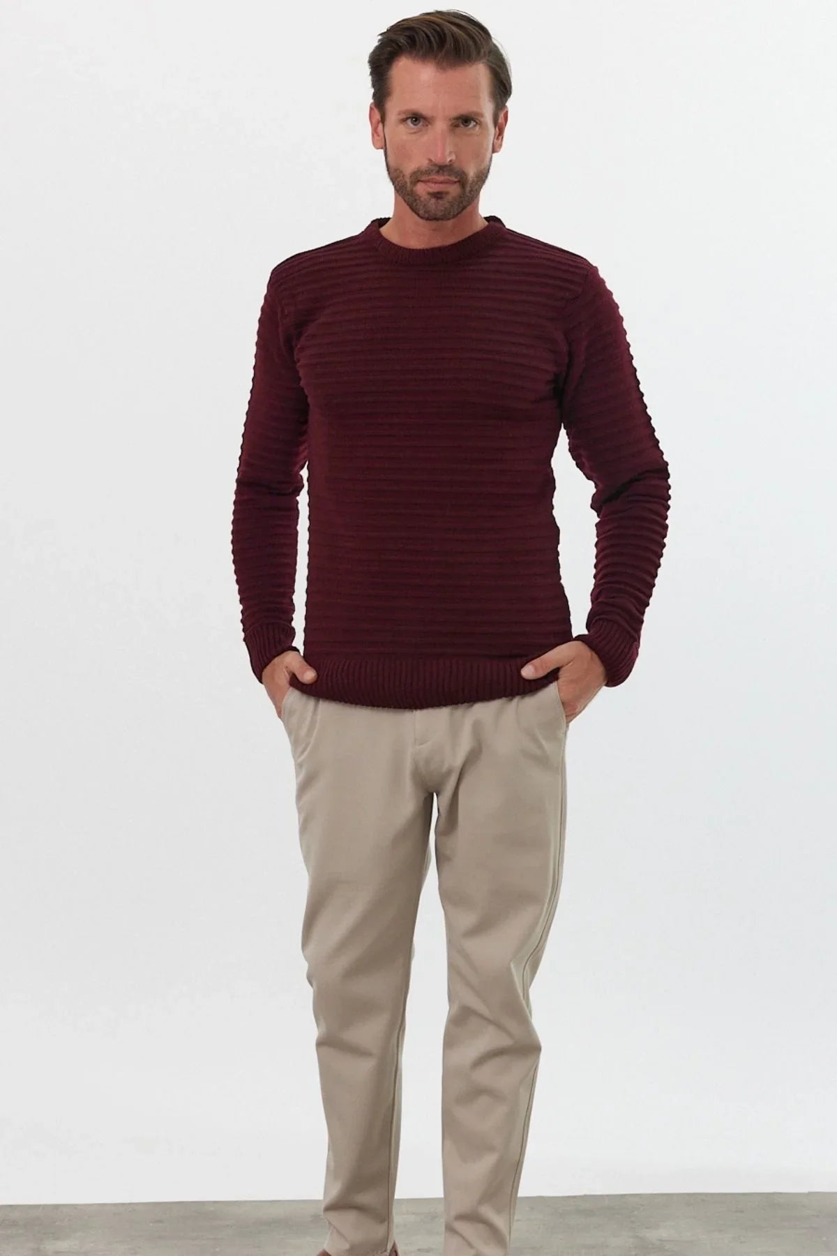 Erkek Bisiklet Yaka Slim Fit Kendinden Çizgili Desenli Triko Kazak - Livio Ferri