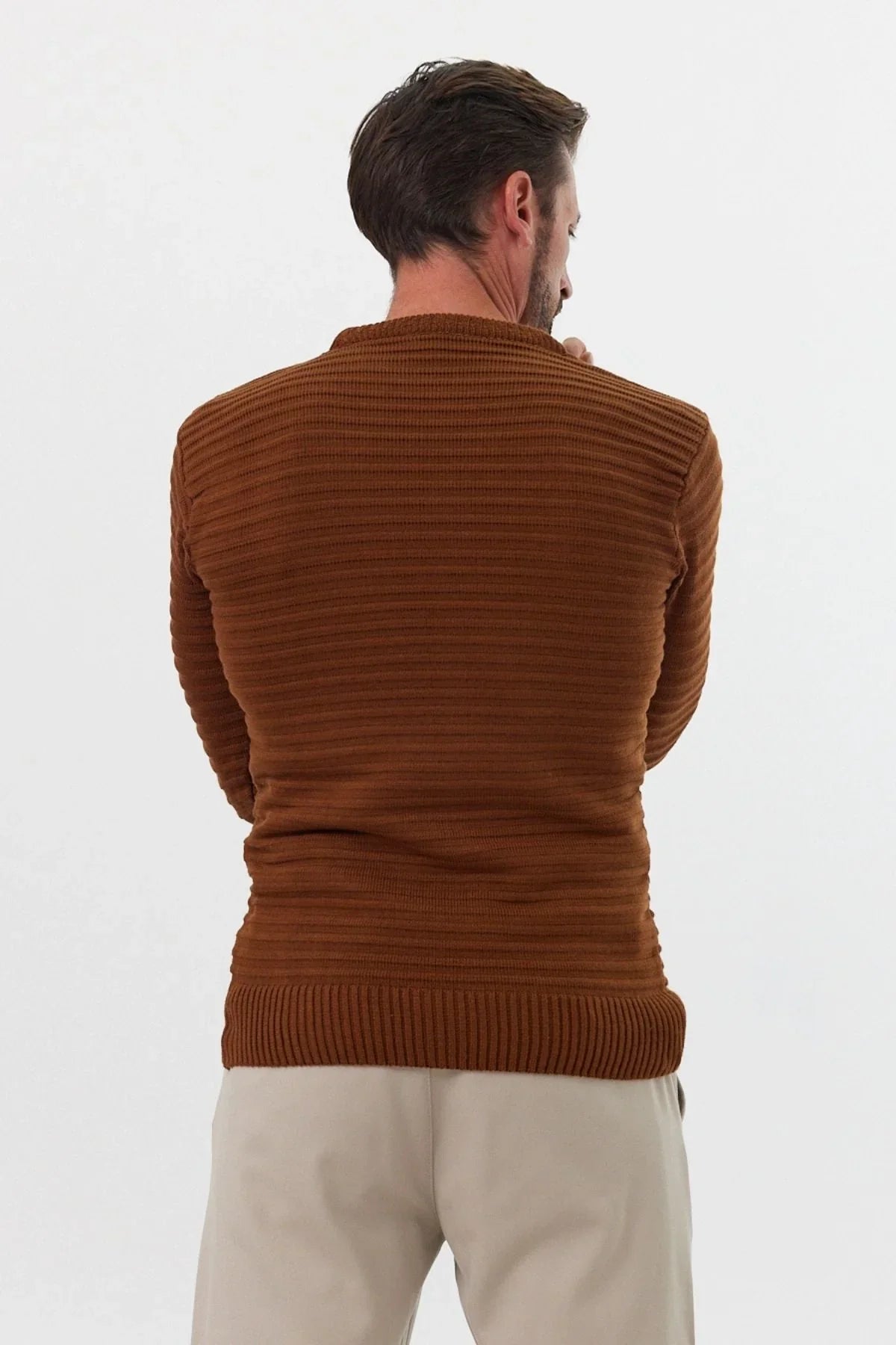 Erkek Bisiklet Yaka Slim Fit Kendinden Çizgili Desenli Triko Kazak - Livio Ferri