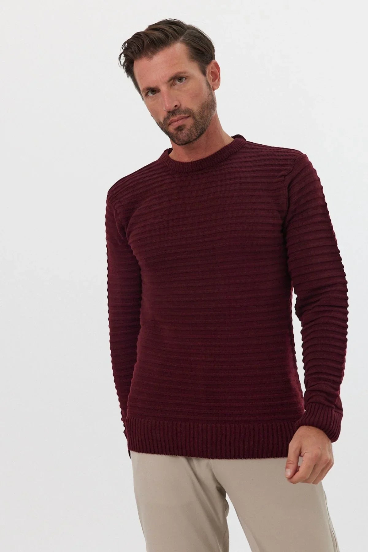 Erkek Bisiklet Yaka Slim Fit Kendinden Çizgili Desenli Triko Kazak - Livio Ferri