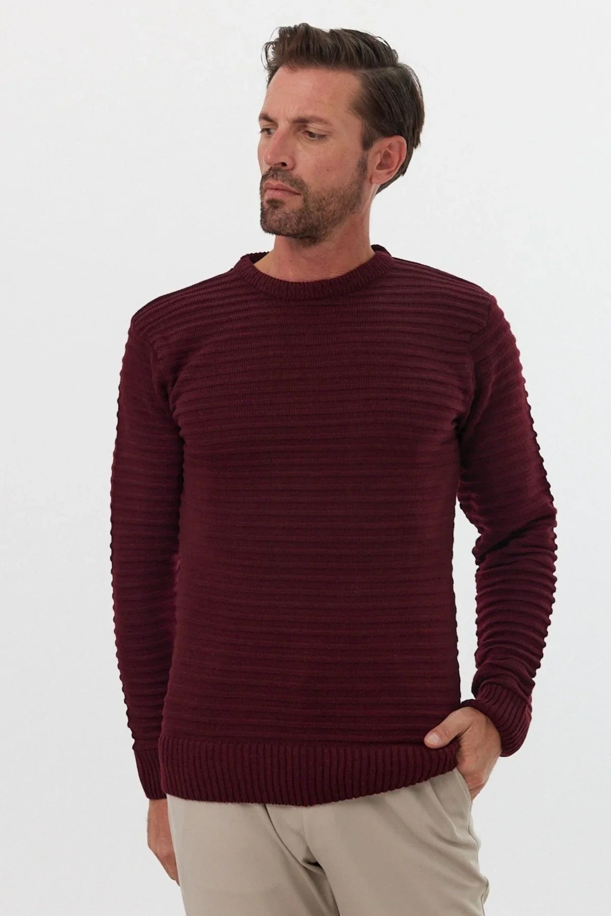 Erkek Bisiklet Yaka Slim Fit Kendinden Çizgili Desenli Triko Kazak - Livio Ferri