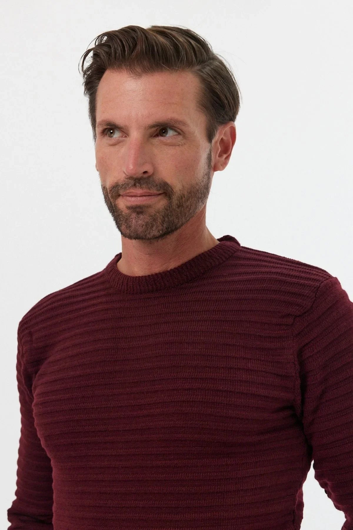 Erkek Bisiklet Yaka Slim Fit Kendinden Çizgili Desenli Triko Kazak - Livio Ferri