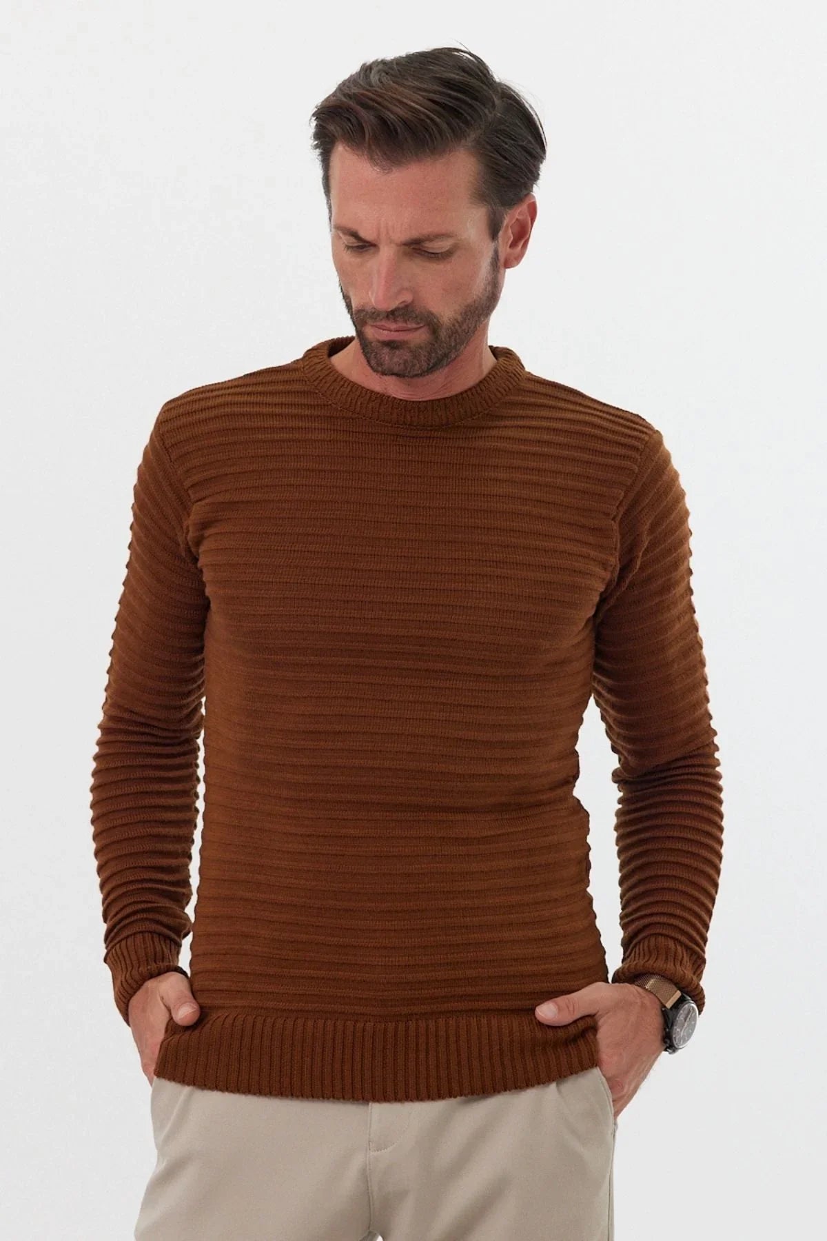 Erkek Bisiklet Yaka Slim Fit Kendinden Çizgili Desenli Triko Kazak - Livio Ferri