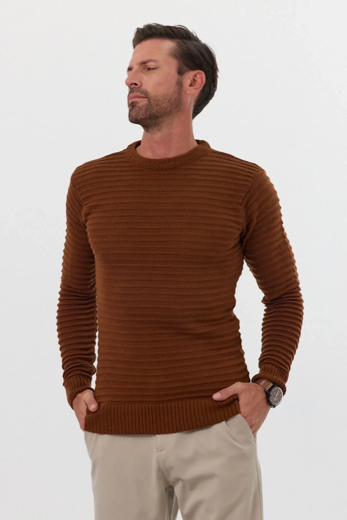 Erkek Bisiklet Yaka Slim Fit Kendinden Çizgili Desenli Triko Kazak - Livio Ferri