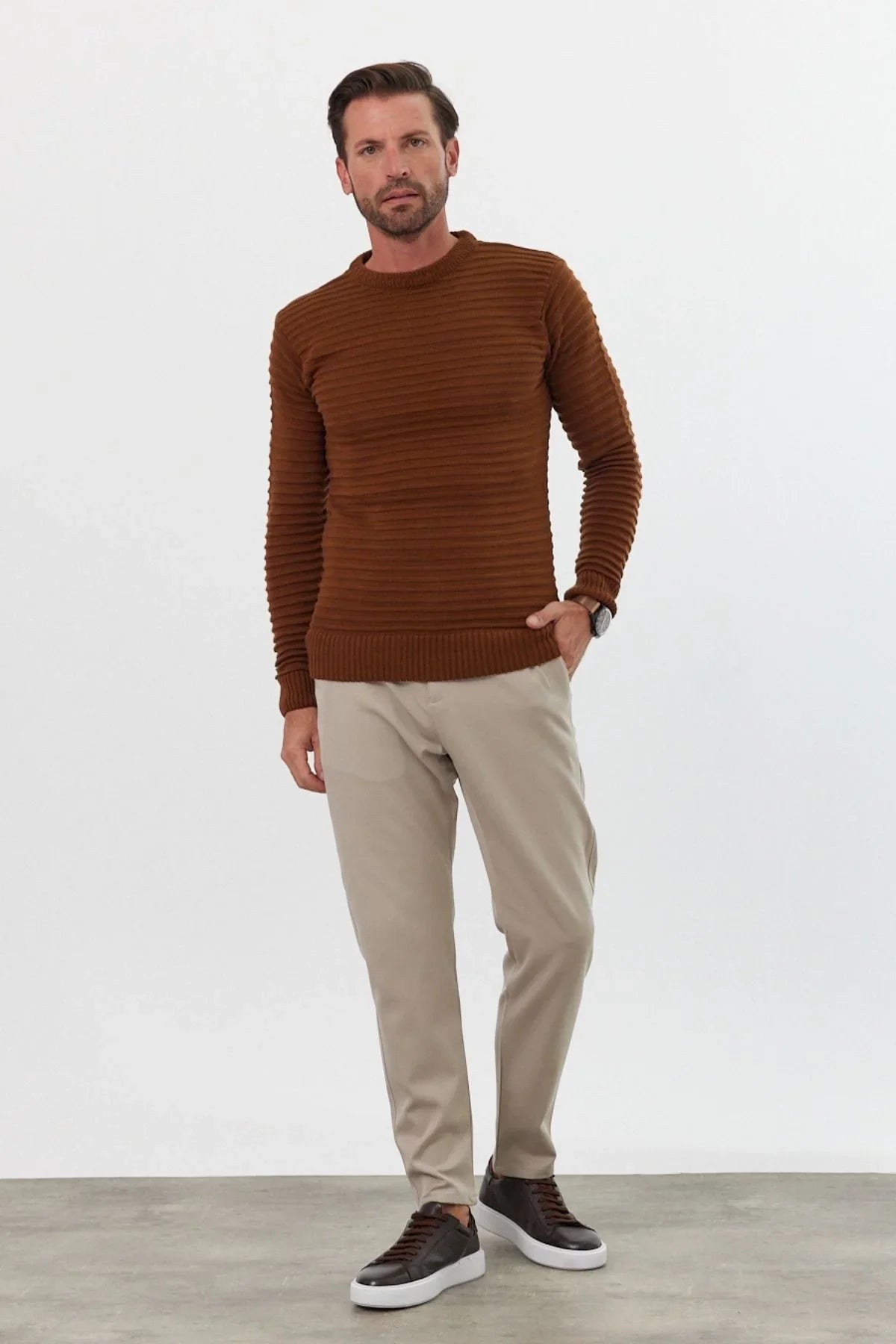 Erkek Bisiklet Yaka Slim Fit Kendinden Çizgili Desenli Triko Kazak - Livio Ferri