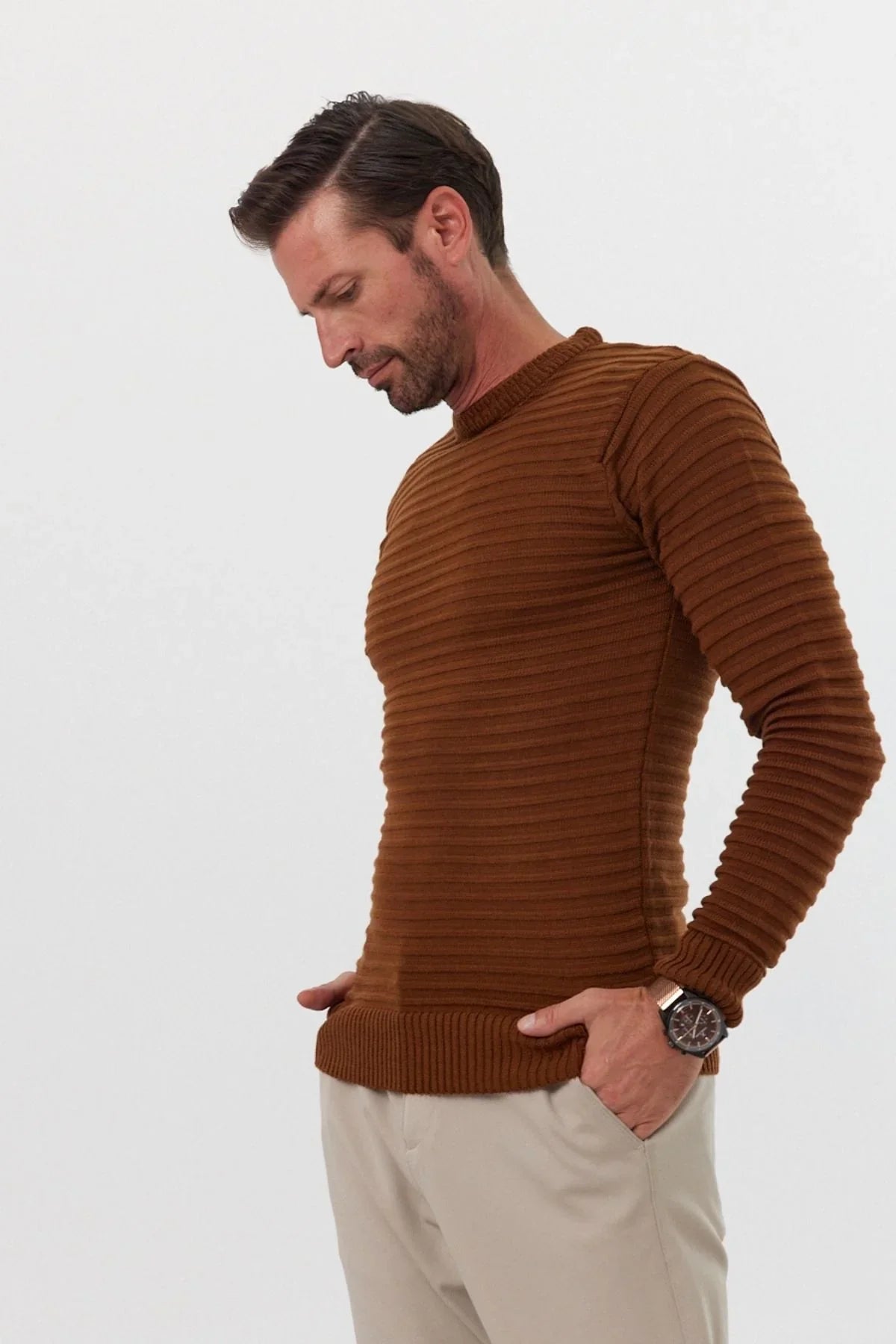 Erkek Bisiklet Yaka Slim Fit Kendinden Çizgili Desenli Triko Kazak - Livio Ferri