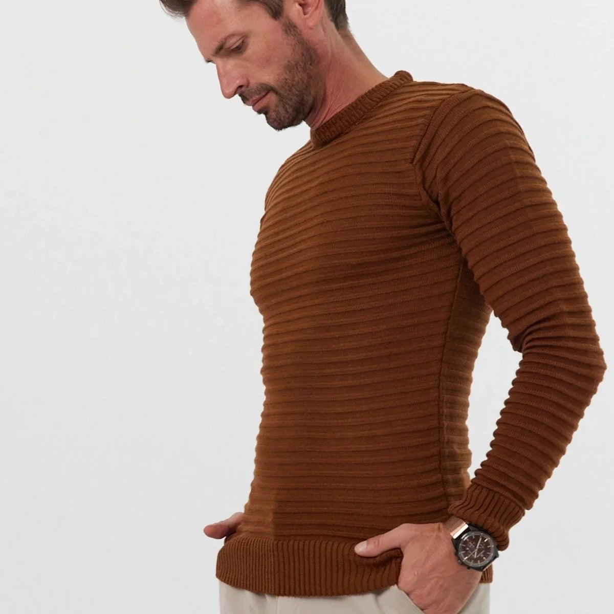 Erkek Bisiklet Yaka Slim Fit Kendinden Çizgili Desenli Triko Kazak