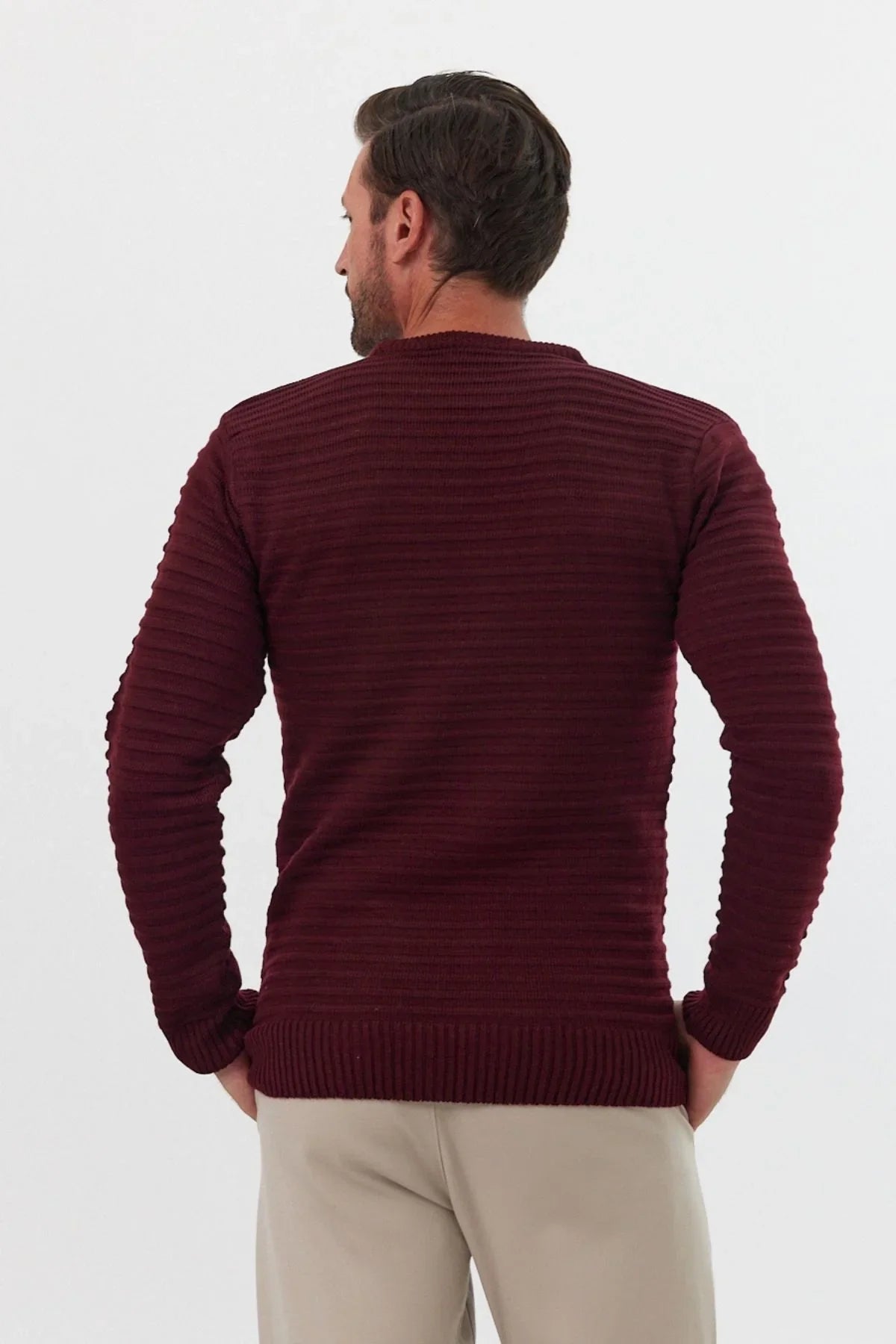 Erkek Bisiklet Yaka Slim Fit Kendinden Çizgili Desenli Triko Kazak - Livio Ferri