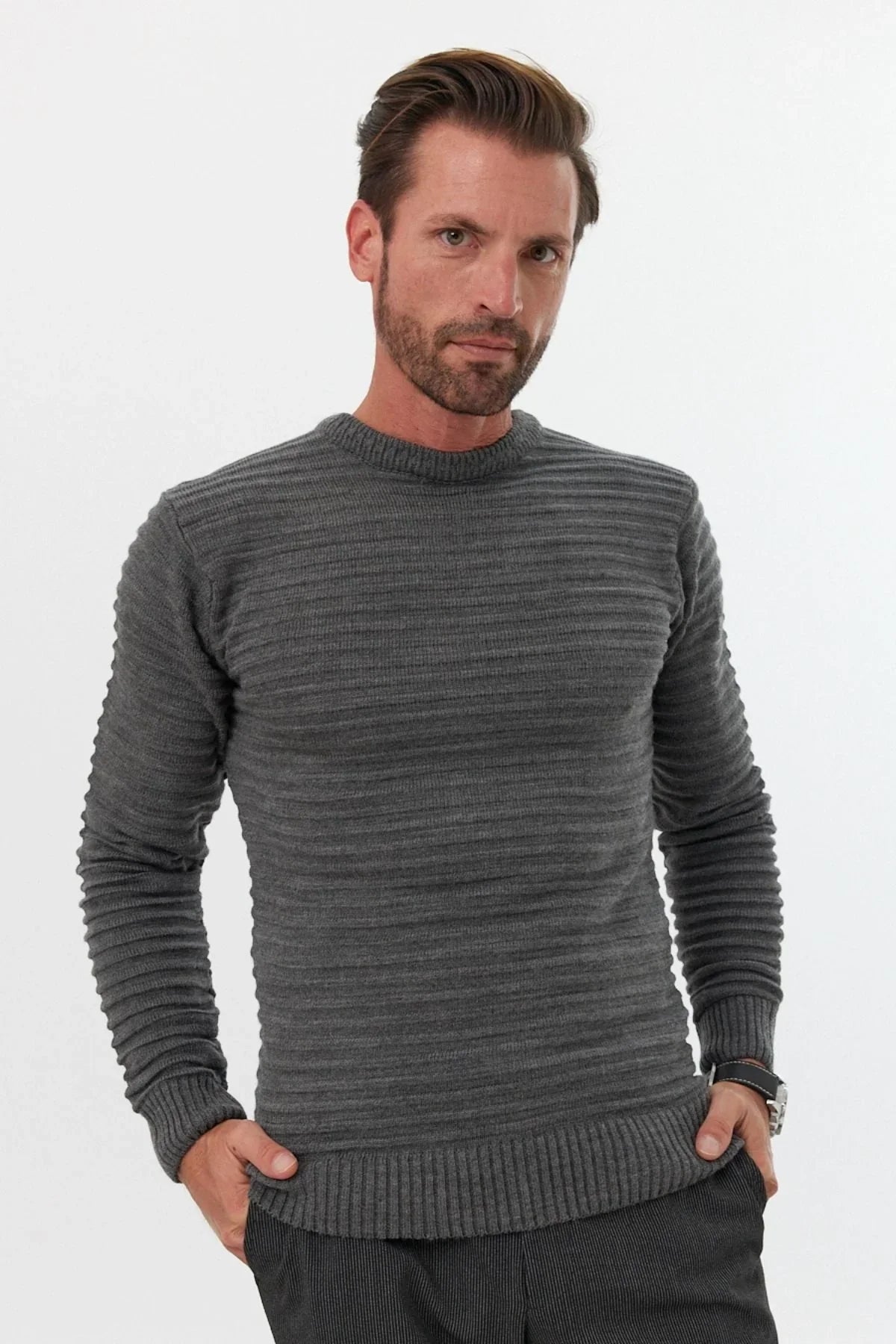 Erkek Bisiklet Yaka Slim Fit Kendinden Çizgili Desenli Triko Kazak - Livio Ferri