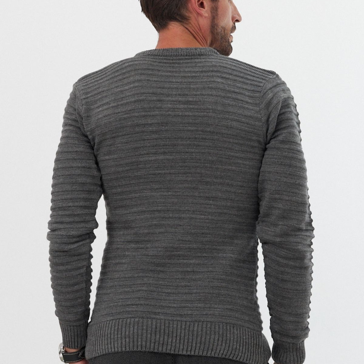 Erkek Bisiklet Yaka Slim Fit Kendinden Çizgili Desenli Triko Kazak